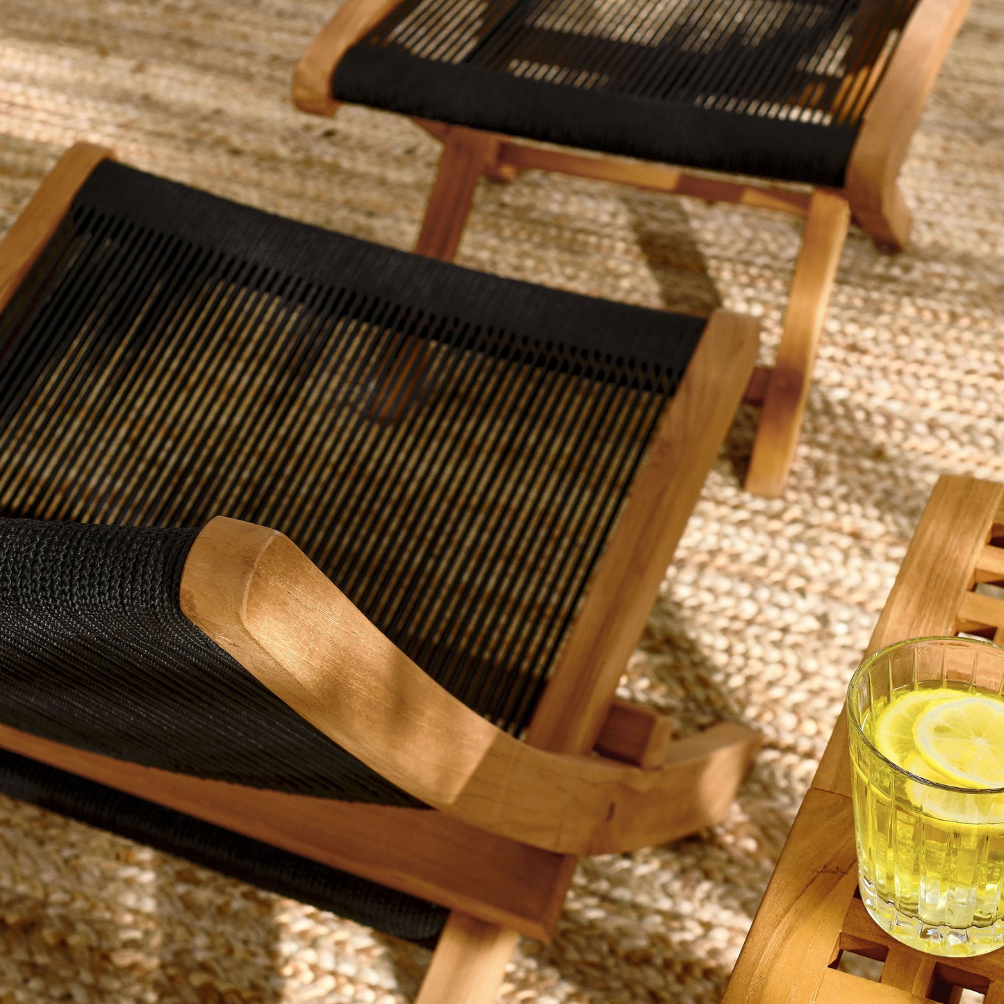 Vienna 2-Piece Outdoor Patio Teak and Rope Folding Accent Lounge Chair and Ottoman Set in Natural Black by Modway (6938)