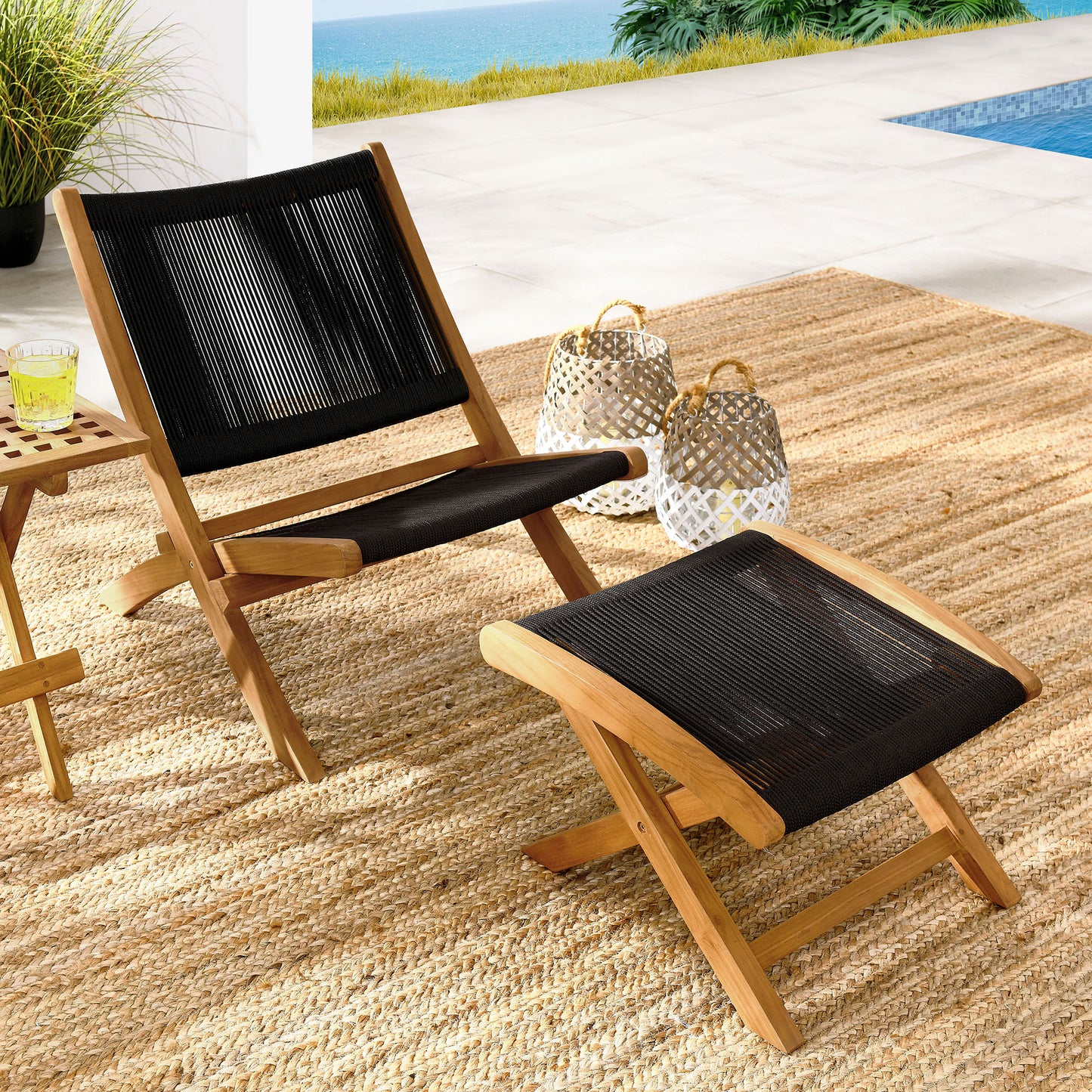 Vienna 2-Piece Outdoor Patio Teak and Rope Folding Accent Lounge Chair and Ottoman Set in Natural Black by Modway (6938)