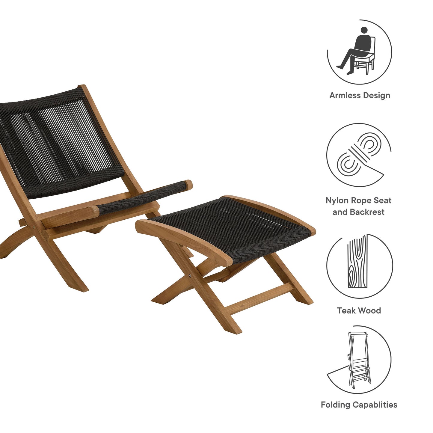Vienna 2-Piece Outdoor Patio Teak and Rope Folding Accent Lounge Chair and Ottoman Set in Natural Black by Modway (6938)