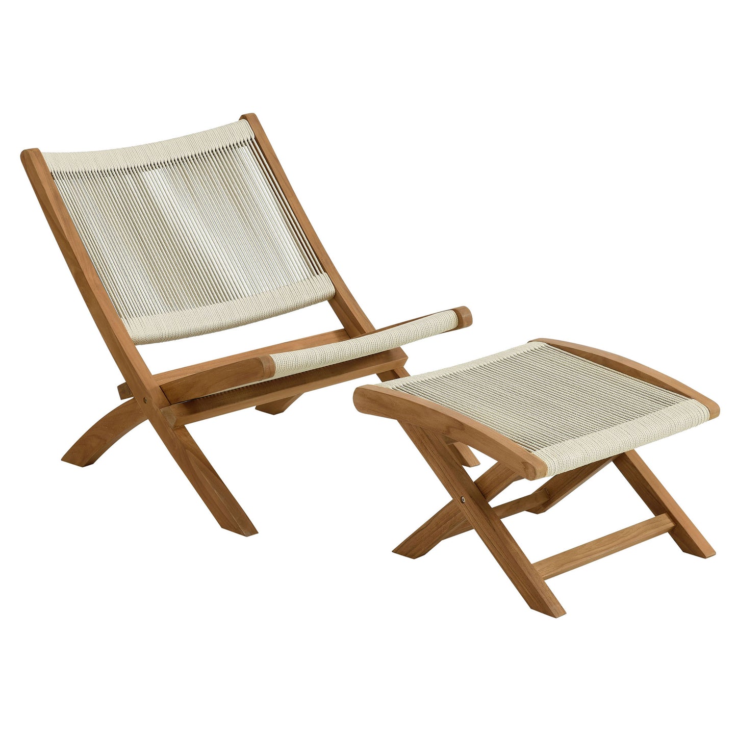 Vienna 2-Piece Outdoor Patio Teak and Rope Folding Accent Lounge Chair and Ottoman Set in Natural by Modway (6938)