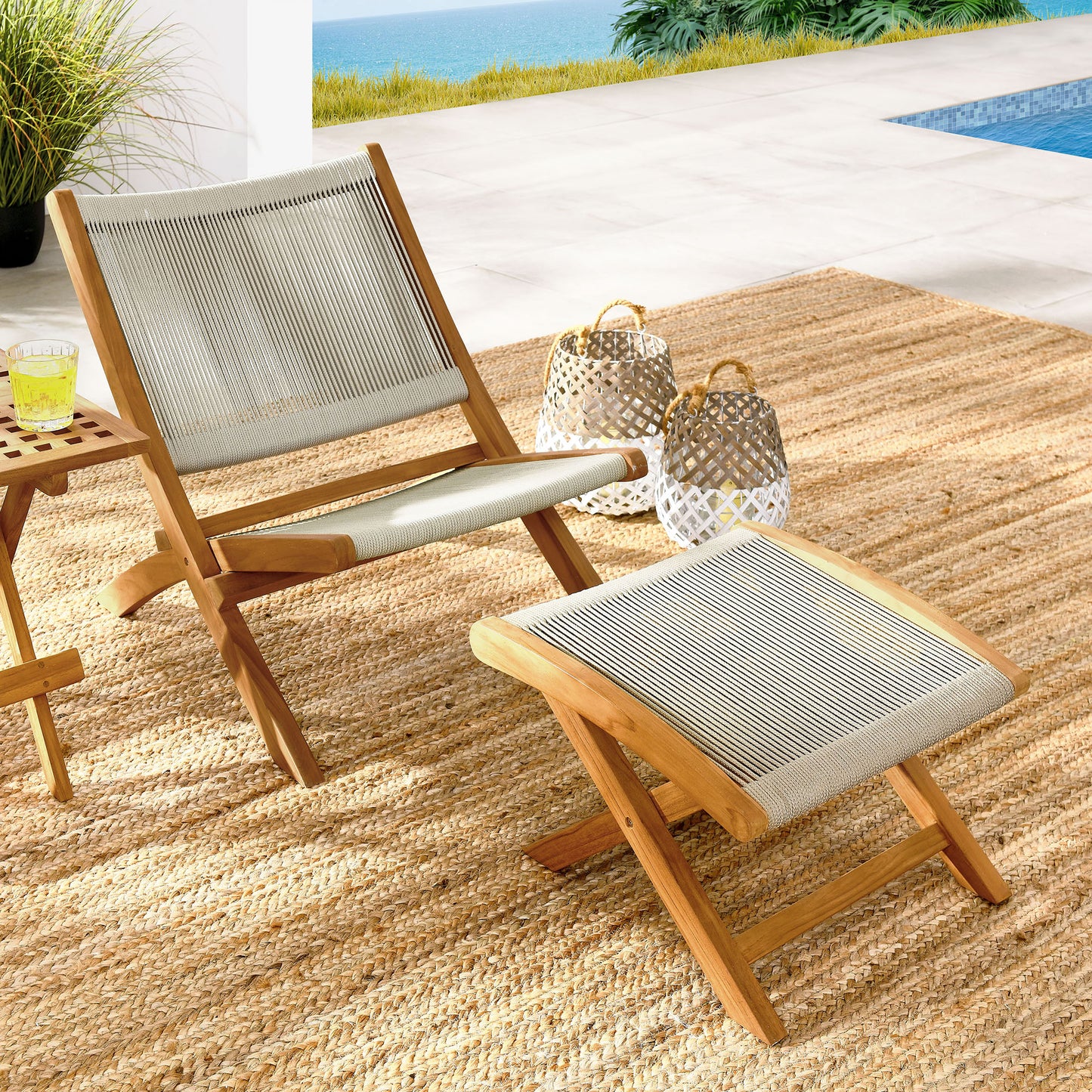 Vienna 2-Piece Outdoor Patio Teak and Rope Folding Accent Lounge Chair and Ottoman Set in Natural by Modway (6938)