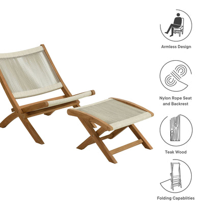 Vienna 2-Piece Outdoor Patio Teak and Rope Folding Accent Lounge Chair and Ottoman Set in Natural by Modway (6938)