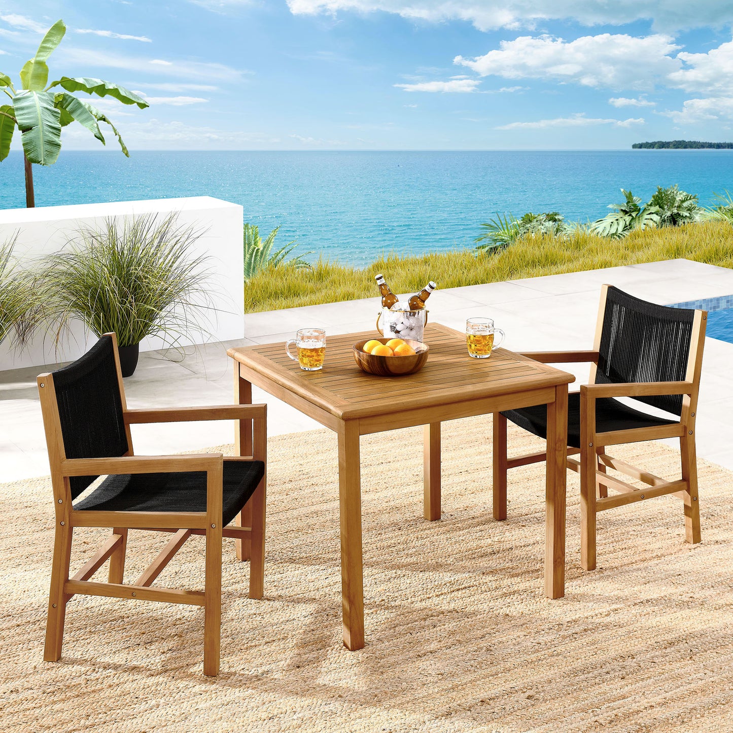 Vienna 3-Piece Outdoor Patio Teak and Rope Dining Set with Armchairs in Natural Black by Modway (6940)