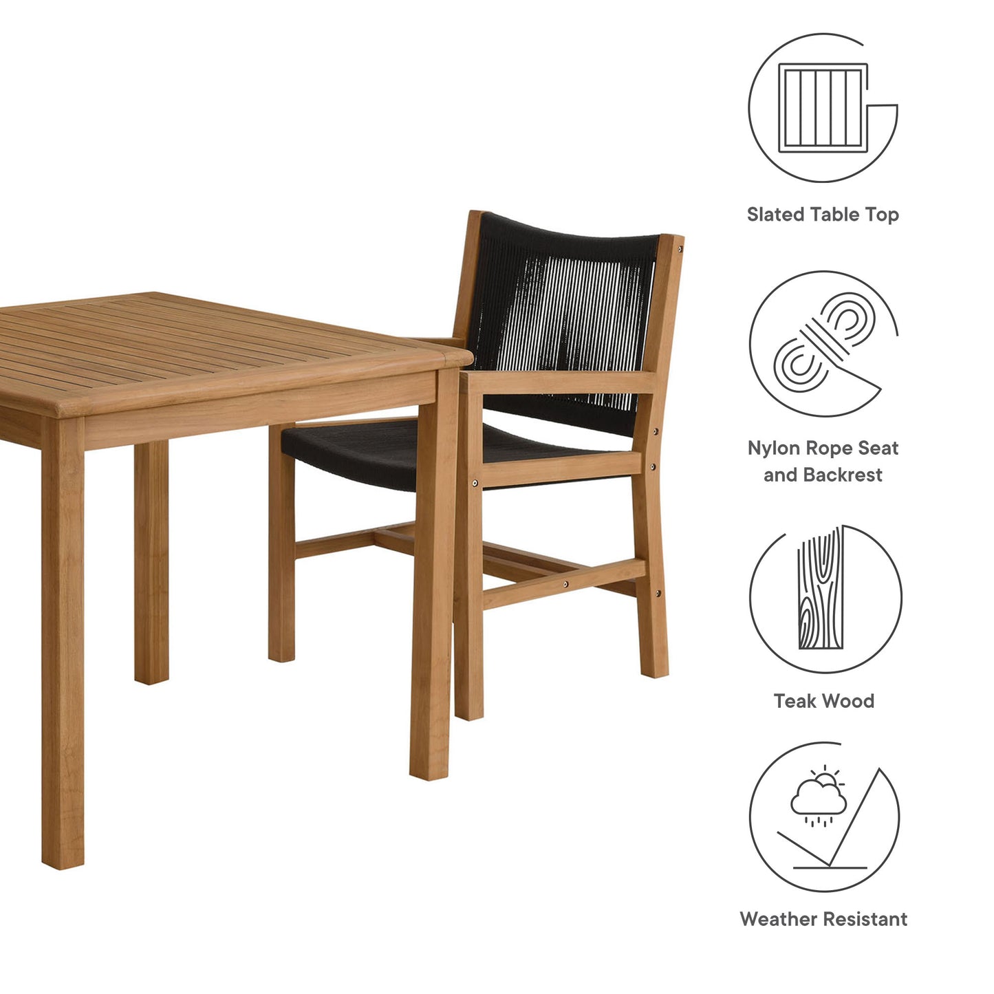 Vienna 3-Piece Outdoor Patio Teak and Rope Dining Set with Armchairs in Natural Black by Modway (6940)