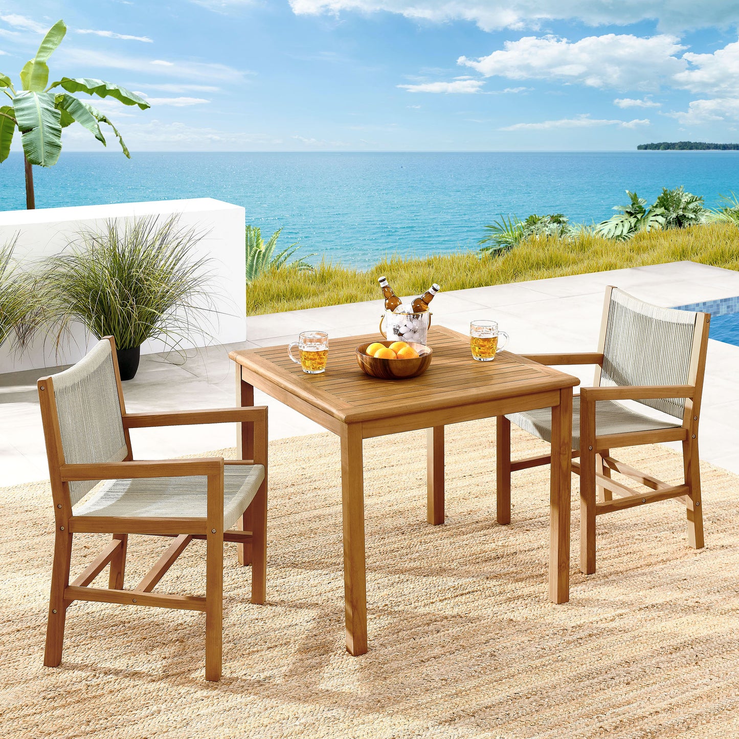 Vienna 3-Piece Outdoor Patio Teak and Rope Dining Set with Armchairs in Natural by Modway (6940)