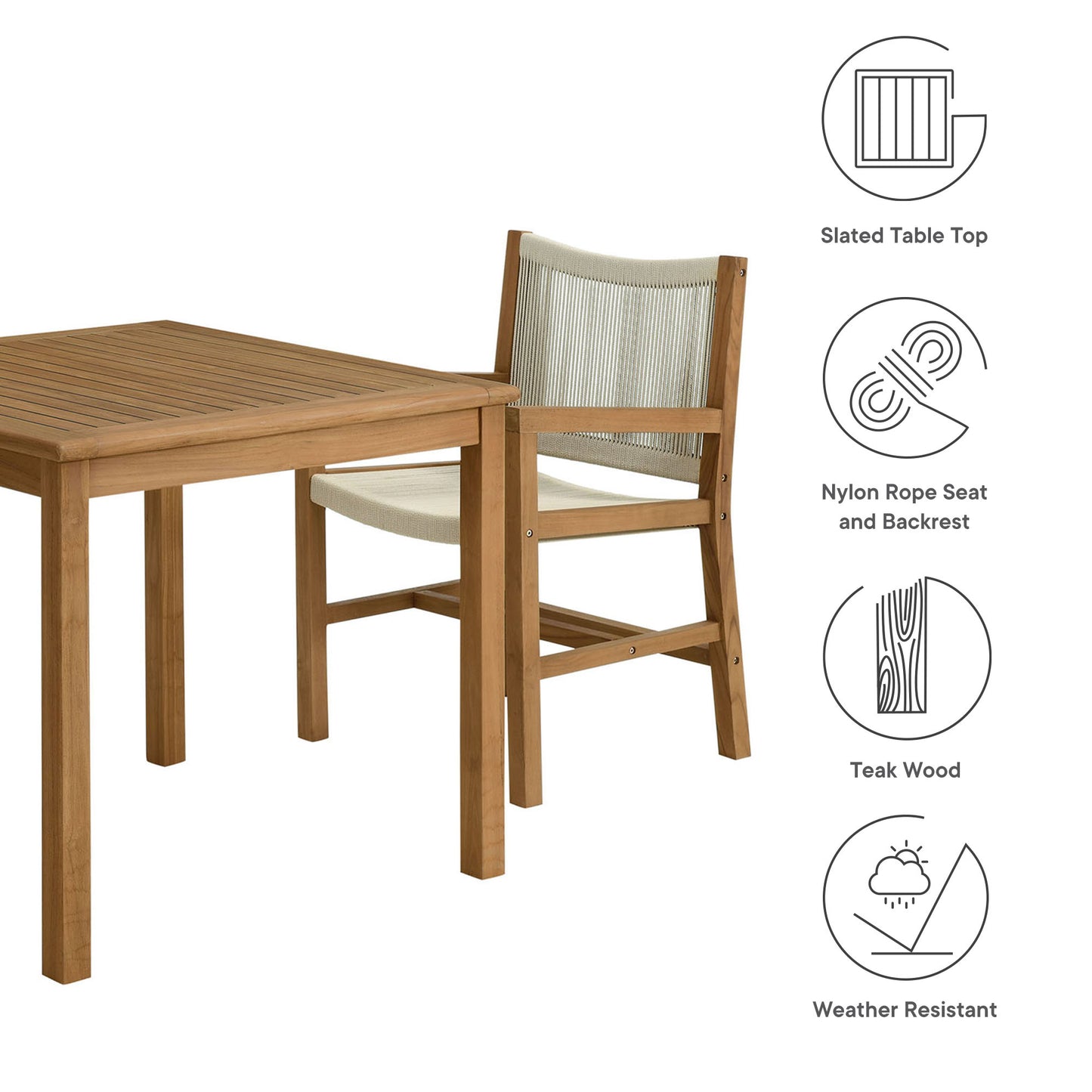 Vienna 3-Piece Outdoor Patio Teak and Rope Dining Set with Armchairs in Natural by Modway (6940)