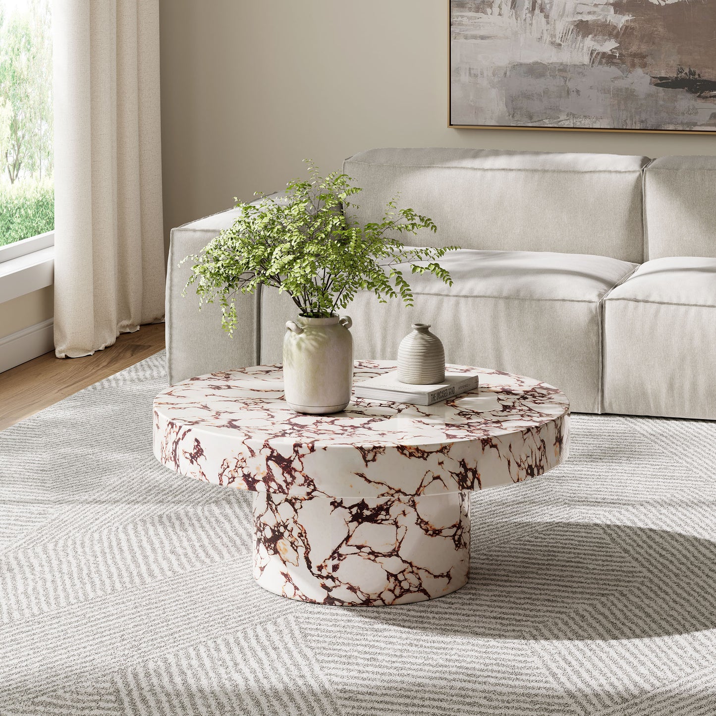 Alora Indoor - Outdoor Patio Concrete Round Coffee Table in Red Marble by Modway (7091)