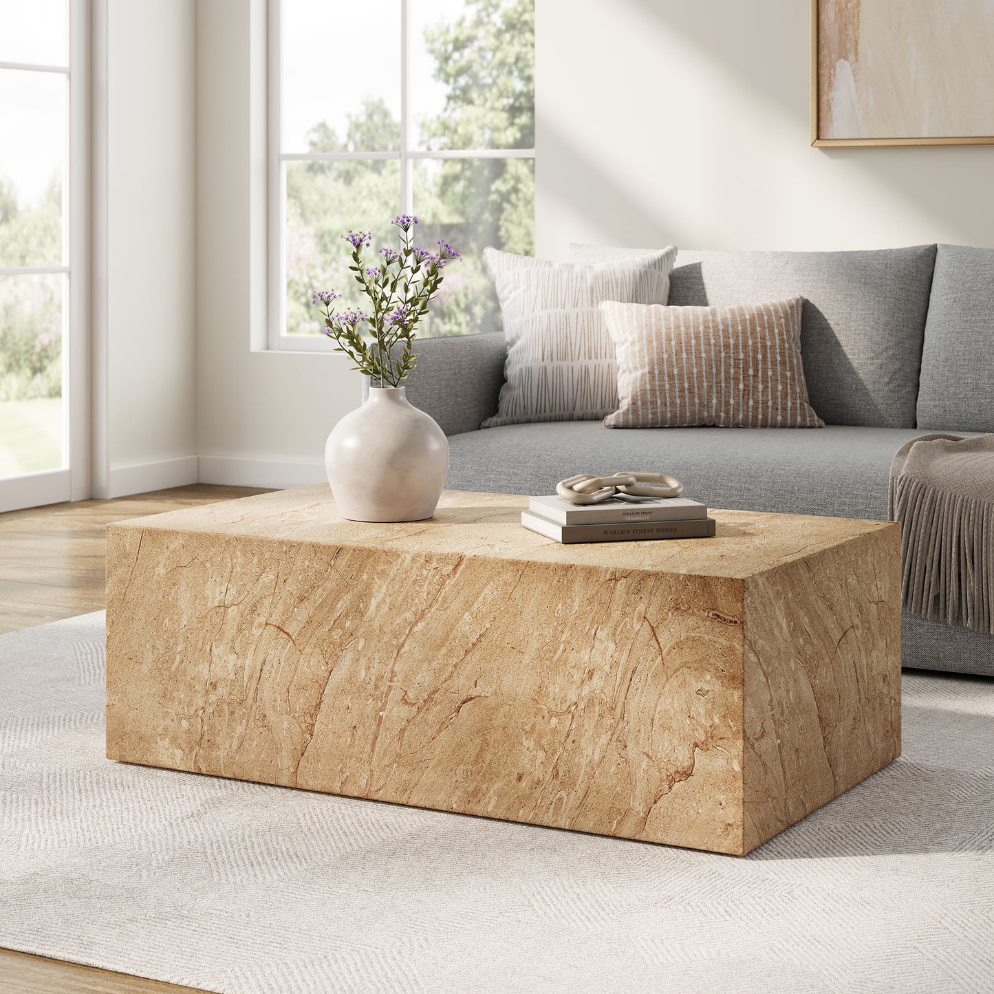 Jordana Square Plinth Indoor - Outdoor Patio Concrete Coffee Table in Travertine by Modway (7095)