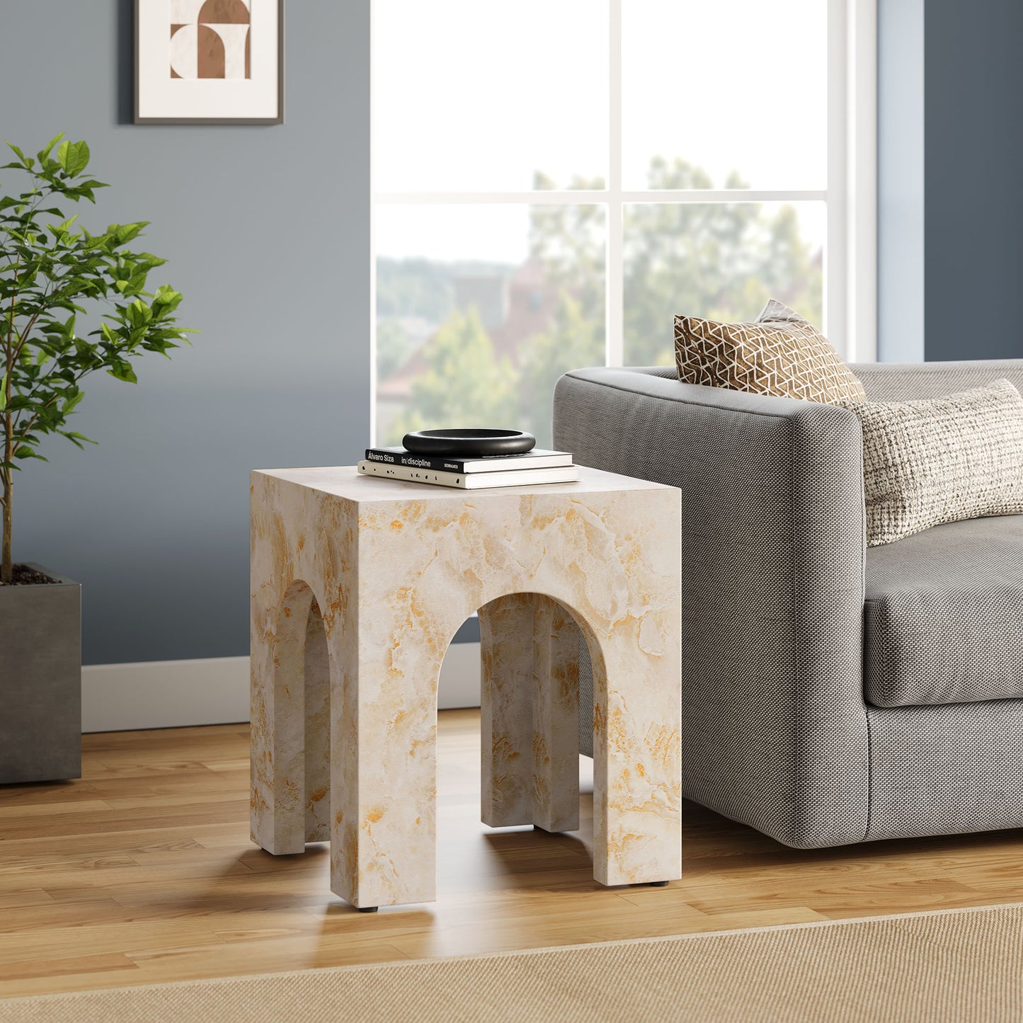 Valen Square Indoor - Outdoor Patio Arched Concrete Side Table in Honey Onyx by Modway (7098)