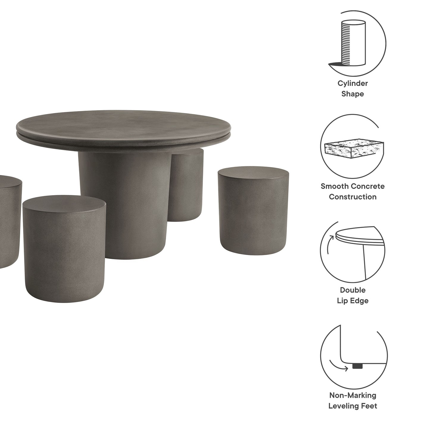 Brion Indoor - Outdoor Patio Concrete 5 Piece Dining Table Set in Gray by Modway (7172)