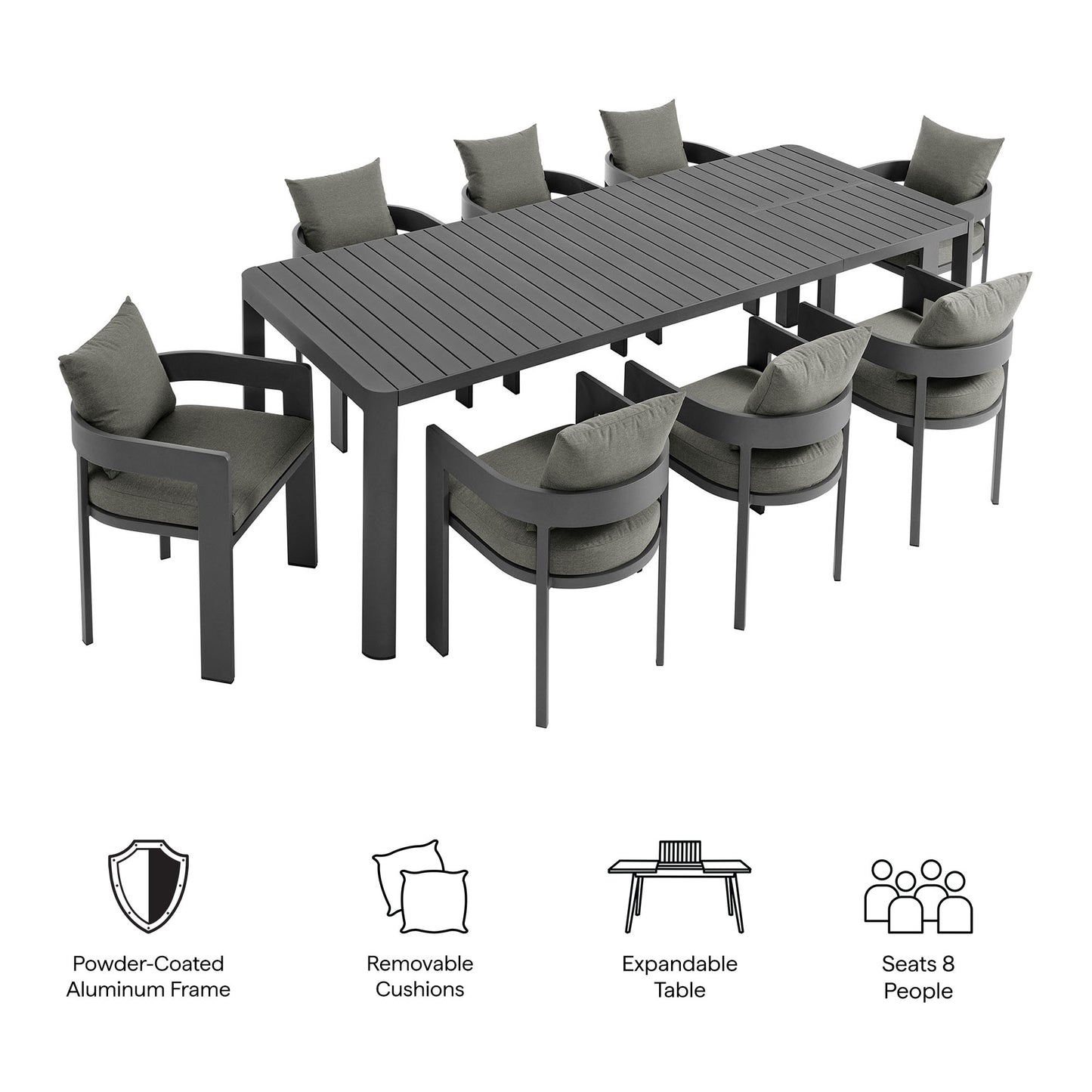 Tahoe 9-Piece Outdoor Patio Aluminum Dining Set With Extendable Table in Gray Charcoal by Modway (7295)
