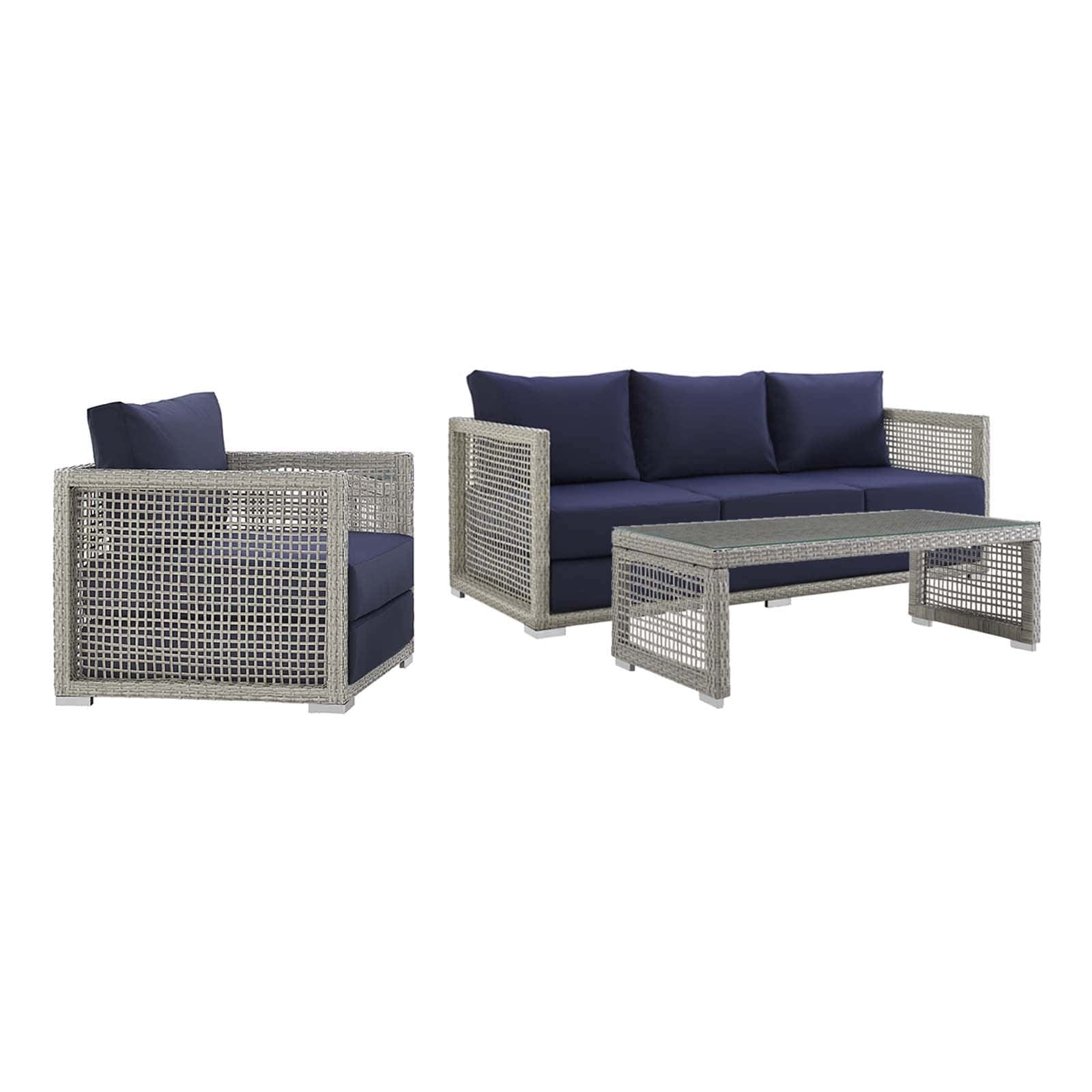 Aura 3 Piece Outdoor Patio Wicker Rattan Set (Gray / Navy) by Modway Outdoor Patio Seating Set Modway 