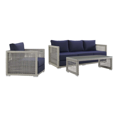 Aura 3 Piece Outdoor Patio Wicker Rattan Set (Gray / Navy) by Modway Outdoor Patio Seating Set Modway 