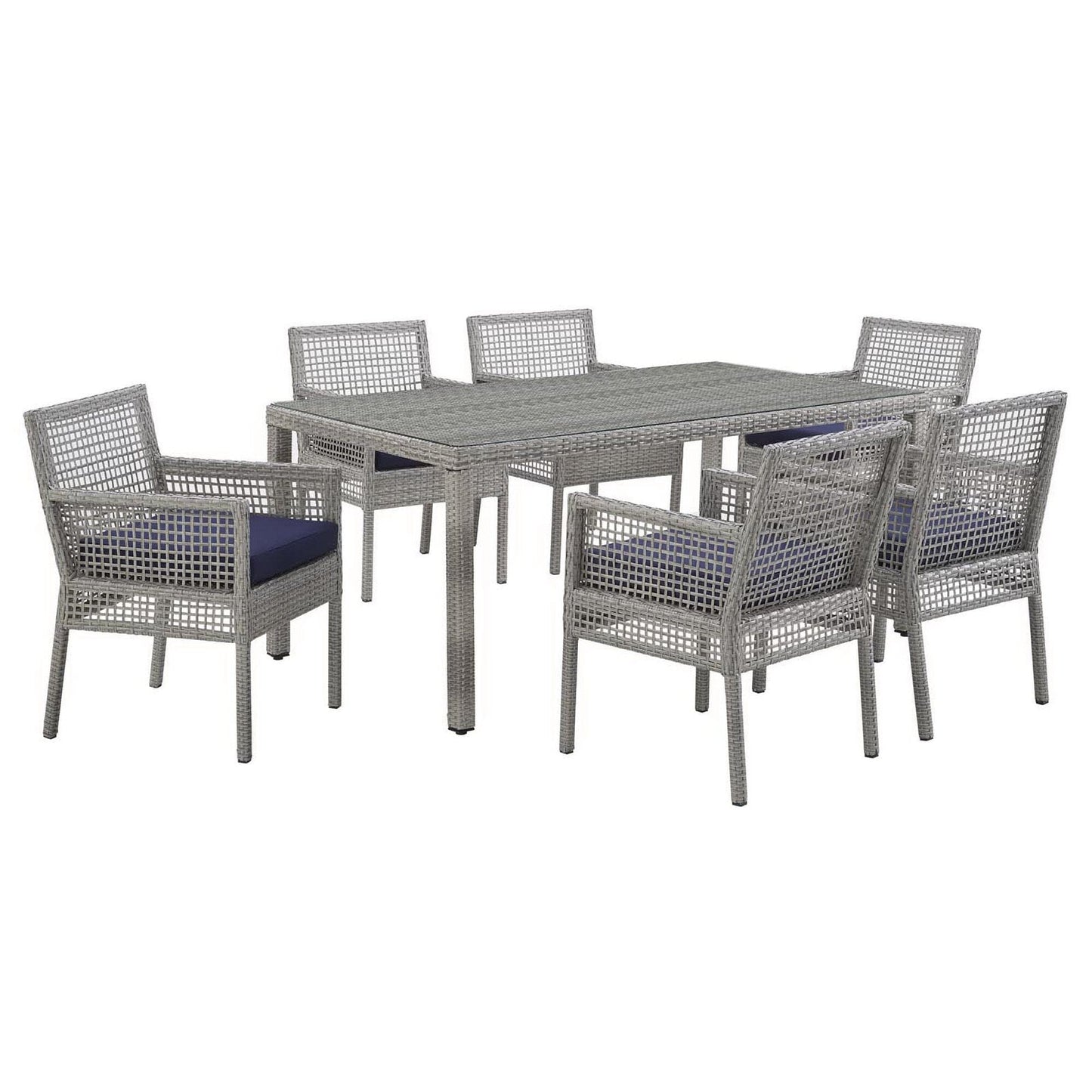 Aura 7 Piece Outdoor Patio Wicker Rattan Dining Set (Gray / Navy) by Modway Dining Set Modway 