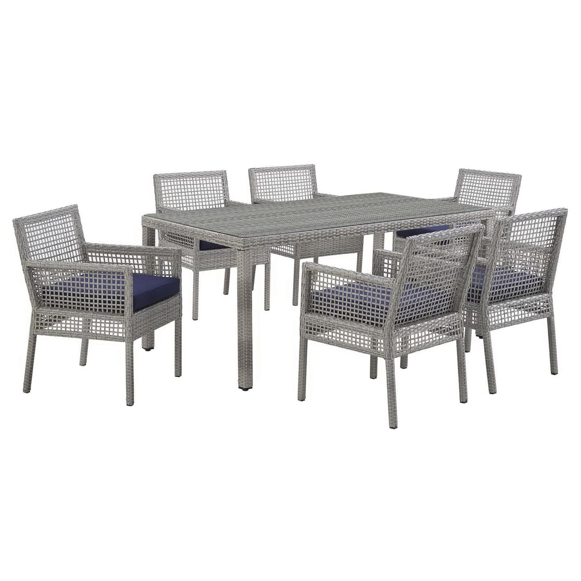 Aura 7 Piece Outdoor Patio Wicker Rattan Dining Set (Gray / Navy) by Modway Dining Set Modway 