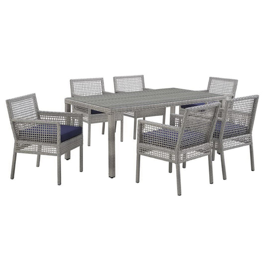 Aura 7 Piece Outdoor Patio Wicker Rattan Dining Set (Gray / Navy) by Modway Dining Set Modway 