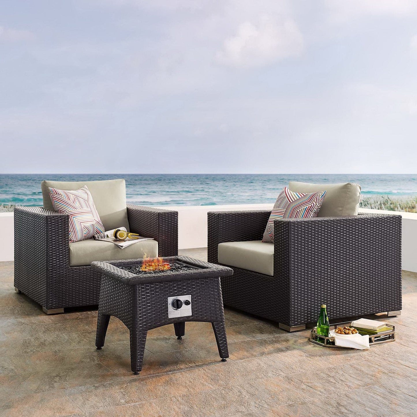 Convene 3 Piece Set Outdoor Patio with Fire Pit in Espresso Beige by Modway (EEI-3727) Conversation Set Modway 