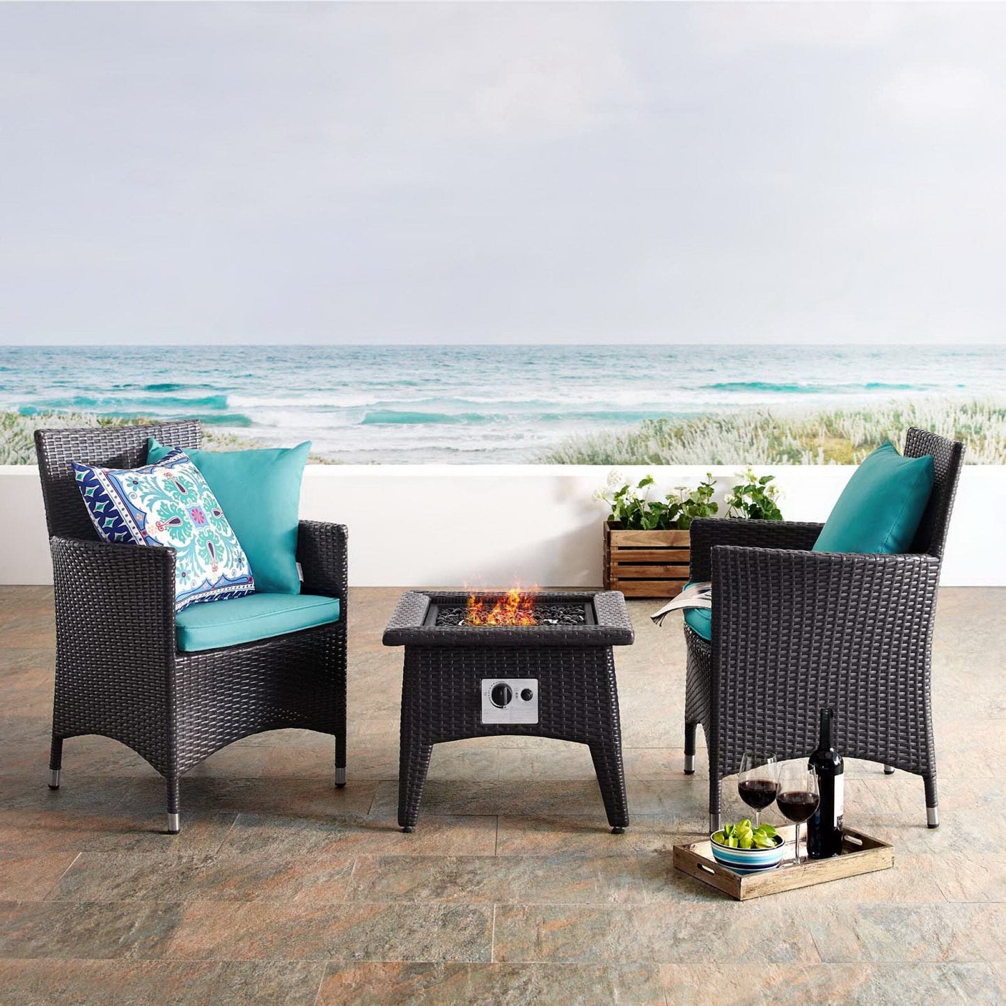 Convene 3 Piece Set Outdoor Patio with Fire Pit in Espresso Turquoise by Modway (EEI-3729) Conversation Set Modway 