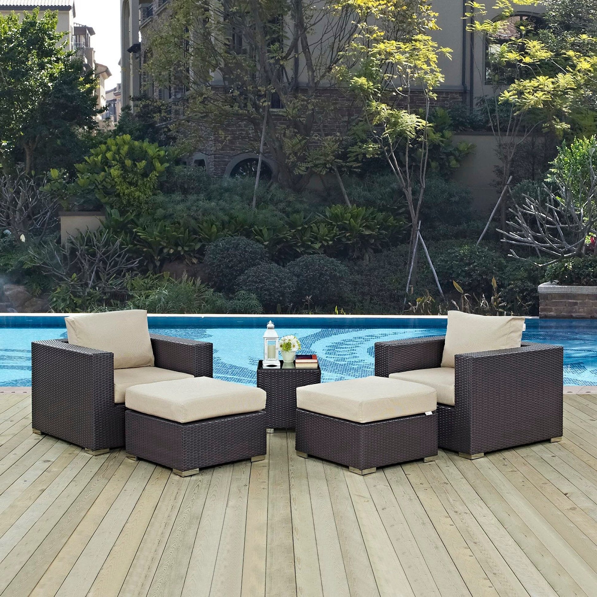 Convene 5 Piece Outdoor Patio Sectional Set in Espresso Beige by Modway Conversation Set Modway 