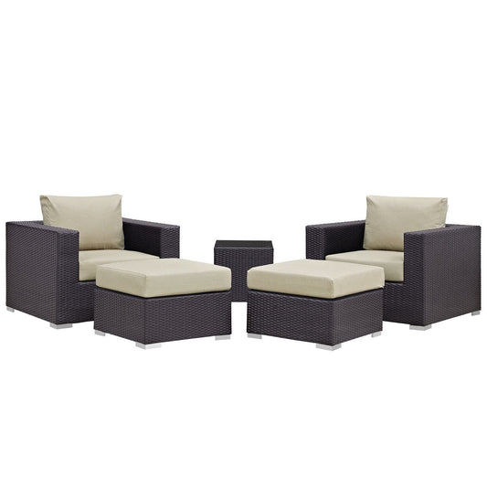Convene 5 Piece Outdoor Patio Wicker Rattan Seating Set (Espresso / Beige) by Modway Conversation Set Modway 