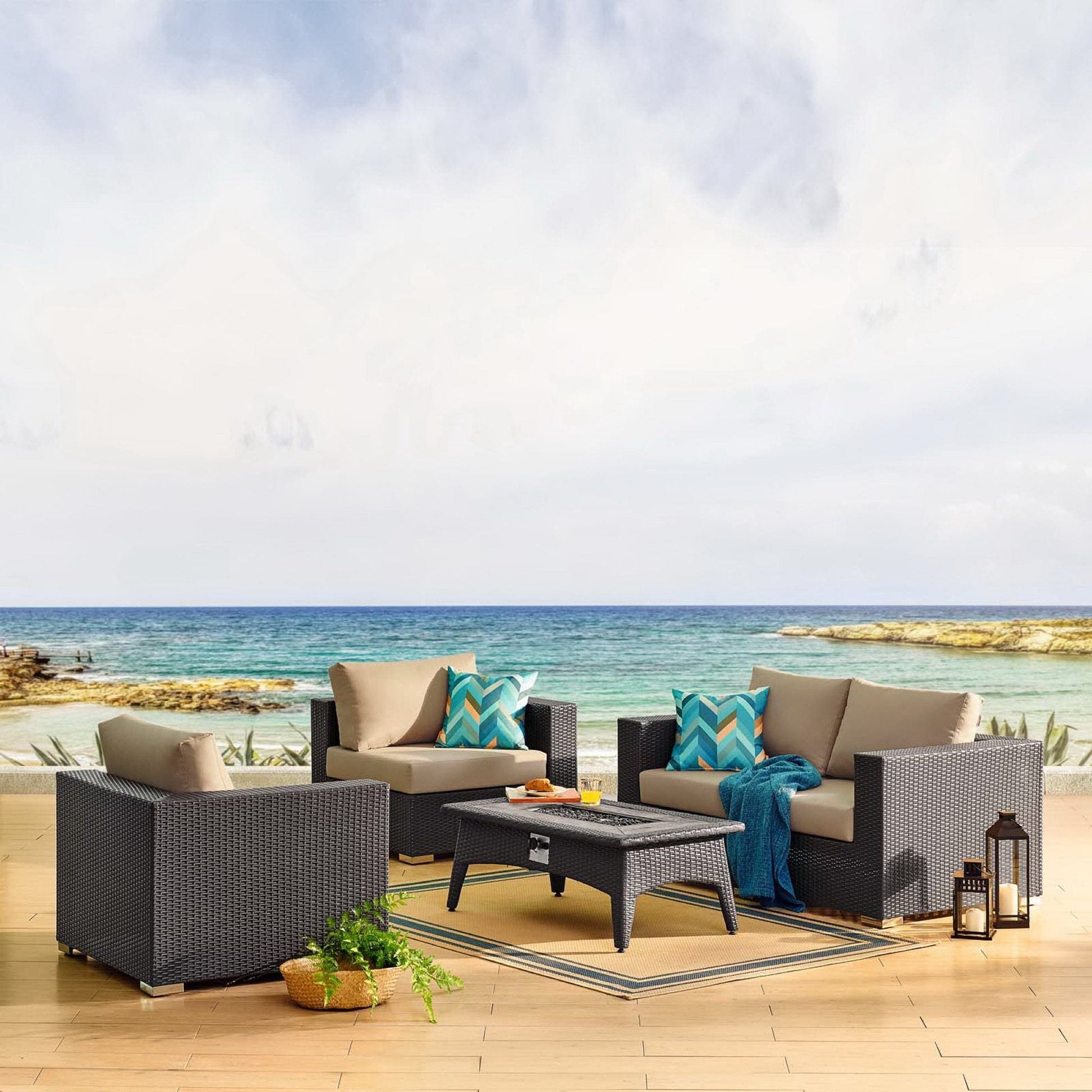 Convene 5 Piece Set Outdoor Patio with Fire Pit in Espresso Mocha by Modway (EEI-3728) Conversation Set Modway 