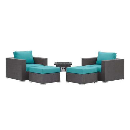 Convene 5 Piece Set Outdoor Patio with Fire Pit in Espresso Turquois by Modway (EEI-3726) Conversation Set Modway 