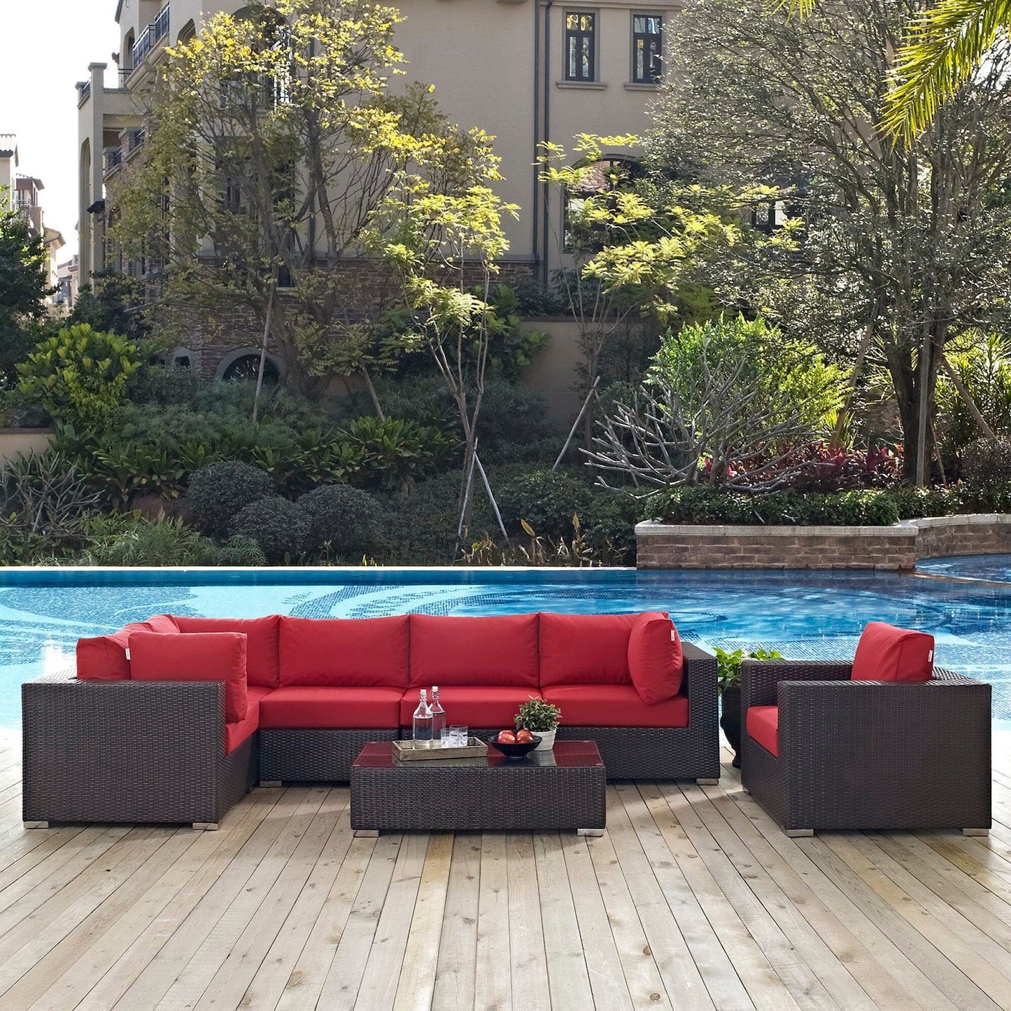 Convene 7 Piece Outdoor Patio Sectional Set in Espresso Red by Modway (EEI-2157) Sectional Set Modway 