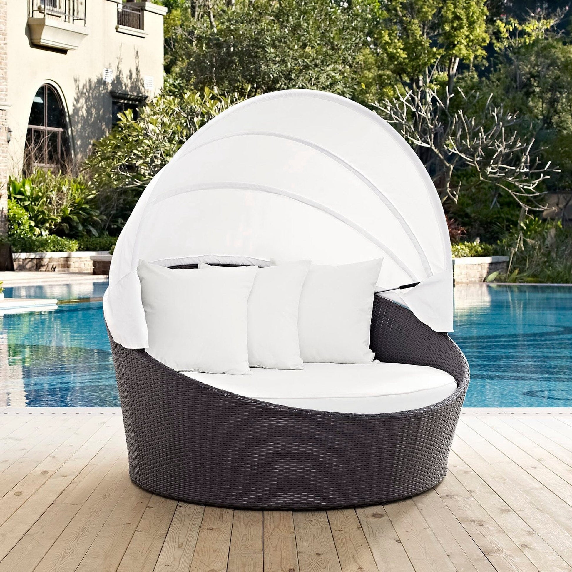 Convene Canopy Outdoor Patio Wicker Rattan Daybed (Espresso / White) by Modway Daybed Modway 