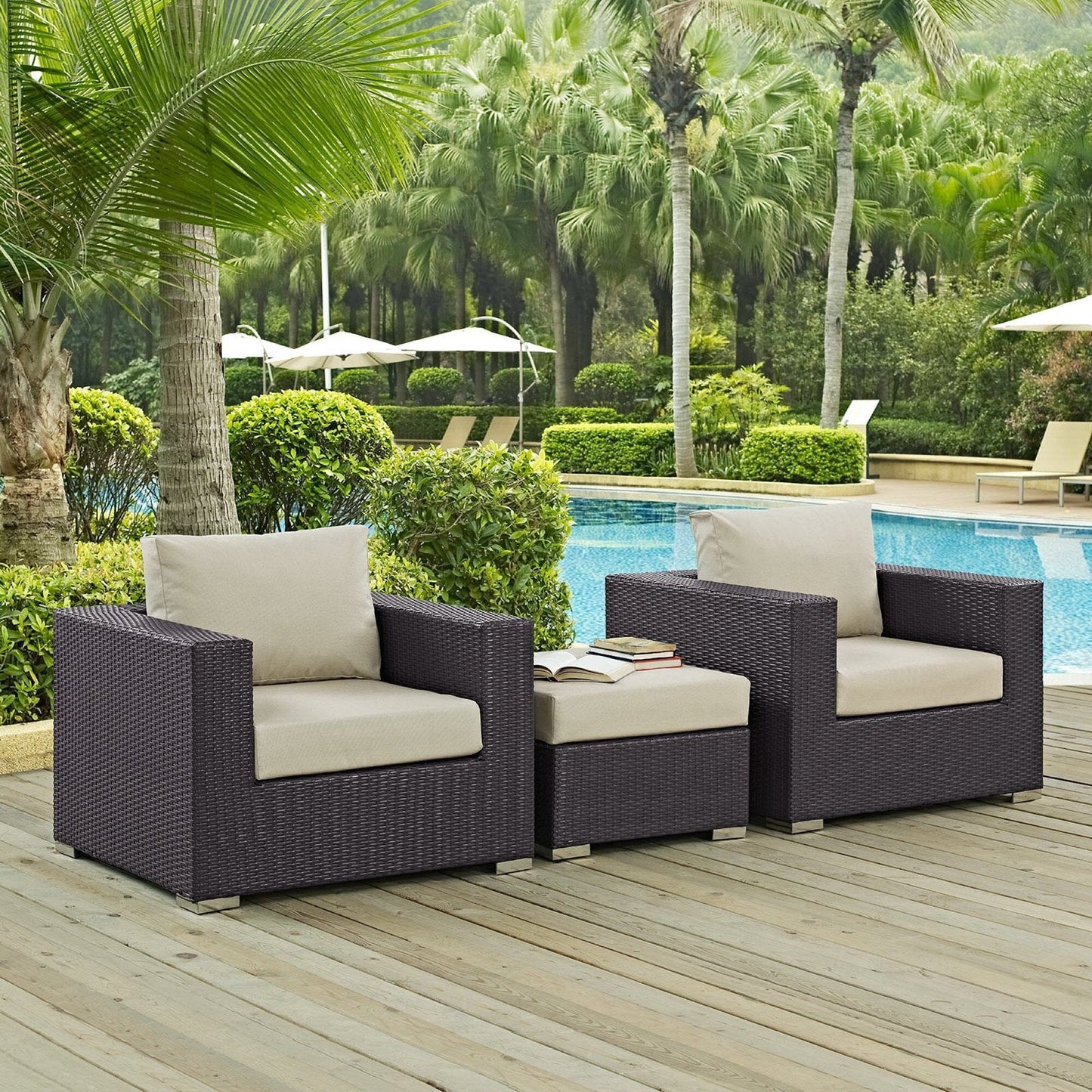 Convene Outdoor Patio Wicker Rattan 3-Piece Conversation Set (Espresso / Beige) by Modway Conversation Set Modway 