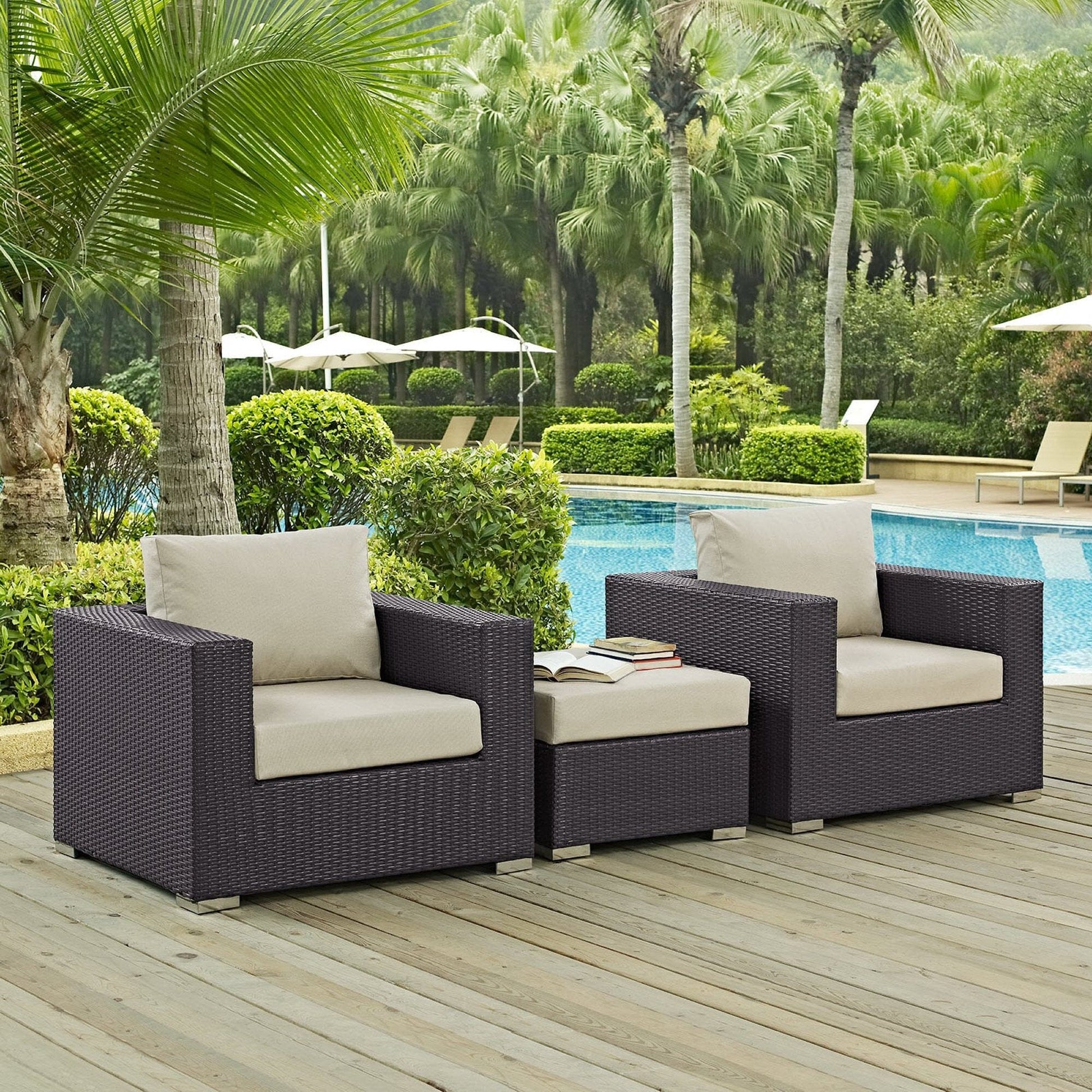 Convene Outdoor Patio Wicker Rattan 3-Piece Conversation Set (Espresso / Beige) by Modway Conversation Set Modway 