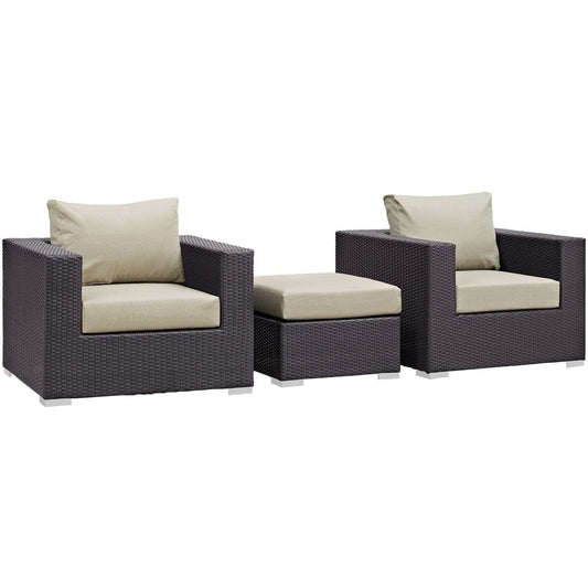 Convene Outdoor Patio Wicker Rattan 3-Piece Conversation Set (Espresso / Beige) by Modway Conversation Set Modway 