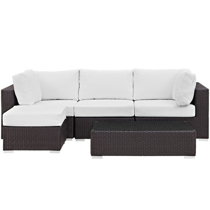 Convene Outdoor Patio Wicker Rattan 5-Piece Sectional Set (Espresso / White) by Modway Conversation Set Modway 