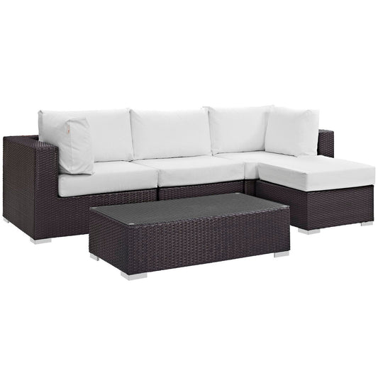 Convene Outdoor Patio Wicker Rattan 5-Piece Sectional Set (Espresso / White) by Modway Conversation Set Modway 