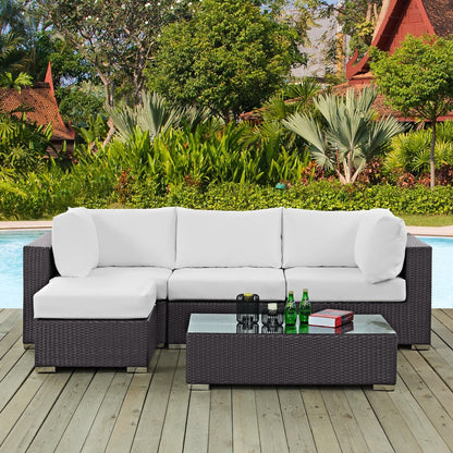 Convene Outdoor Patio Wicker Rattan 5-Piece Sectional Set (Espresso / White) by Modway Conversation Set Modway 