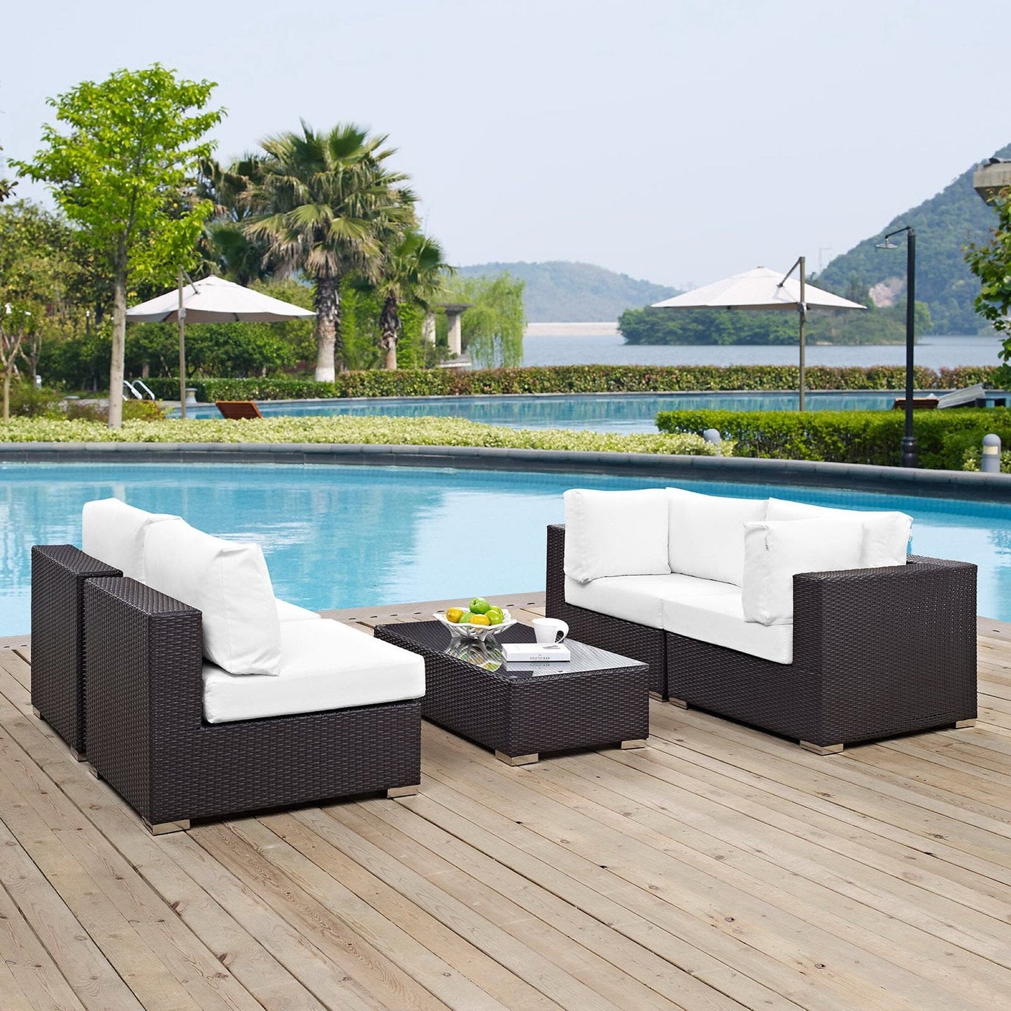 Convene Outdoor Patio Wicker Rattan 5-Piece Sectional Set (Espresso White) by Modway Sectional Set Modway 