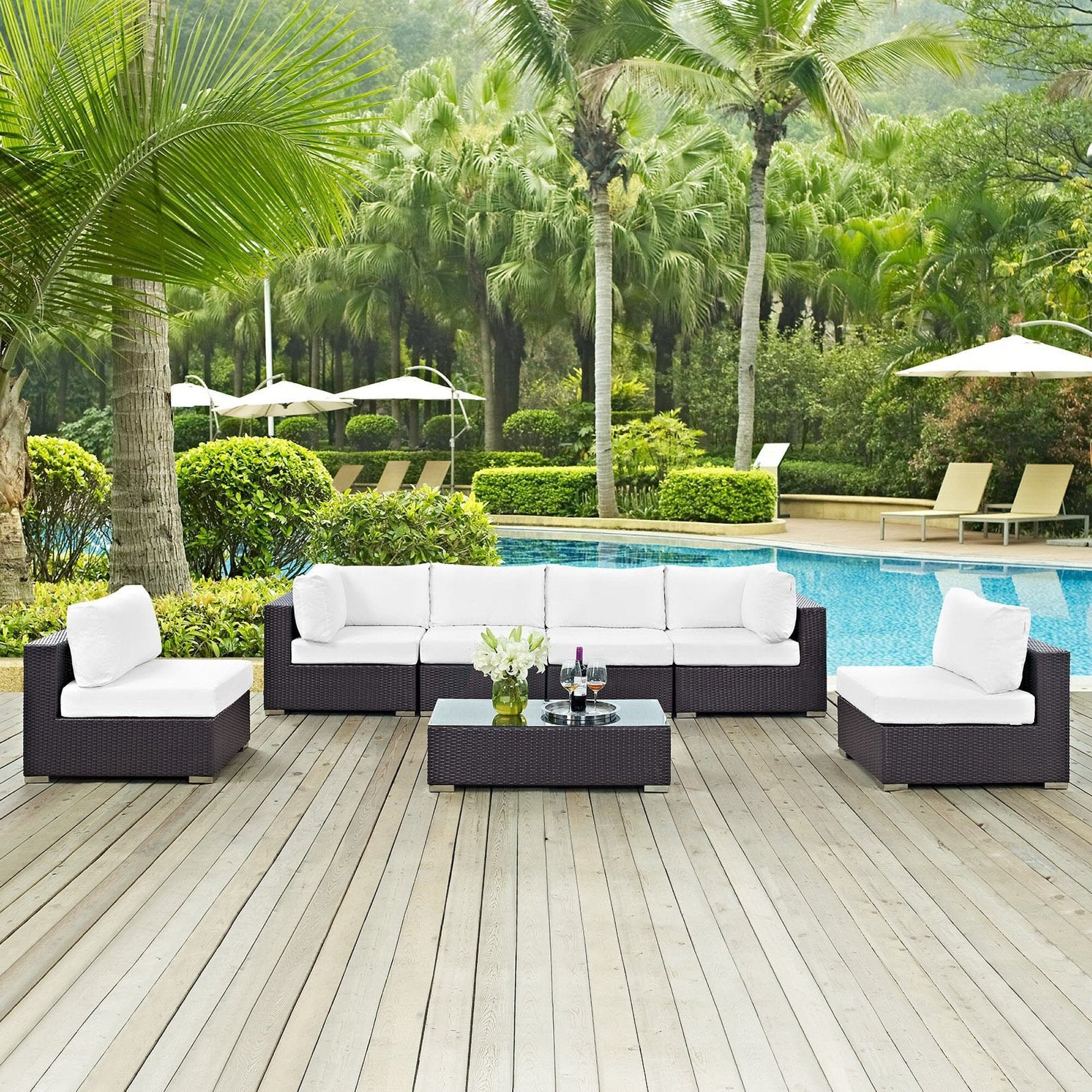 Convene Outdoor Patio Wicker Rattan 7-Piece Sectional Set (Espresso / White) by Modway Sectional Set Modway 
