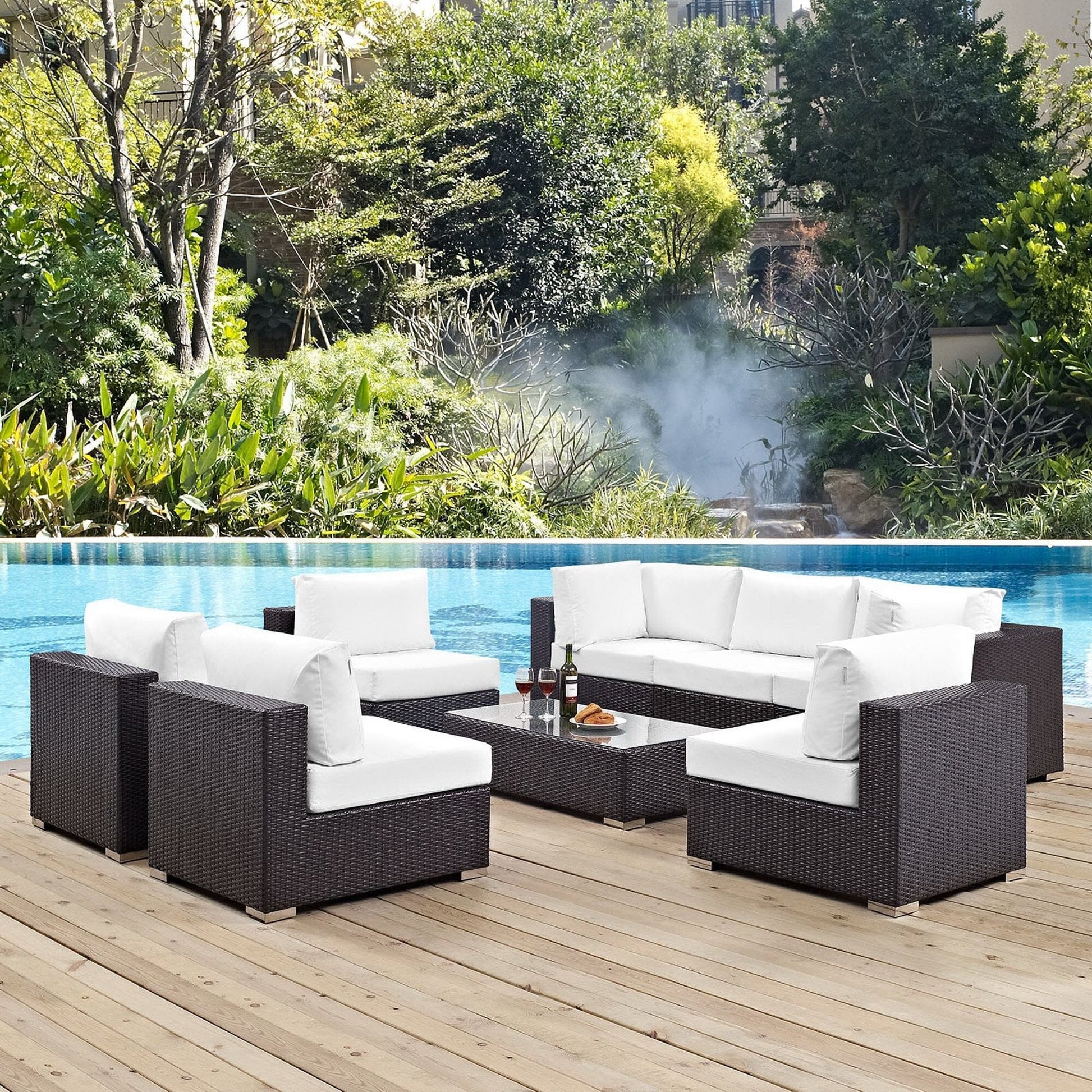 Convene Outdoor Patio Wicker Rattan 8-Piece Sectional Set (Espresso / White) by Modway Sectional Set Modway 