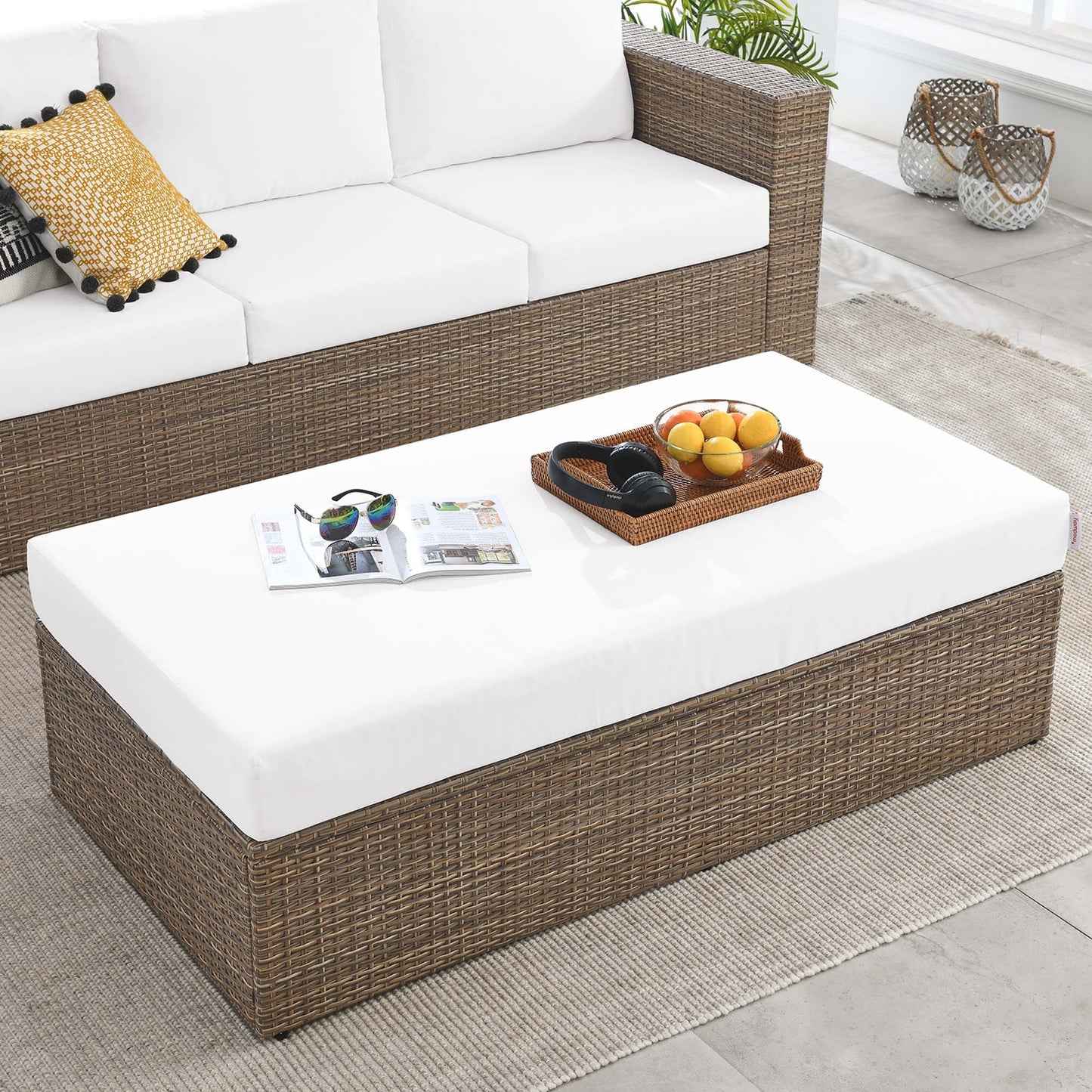 Convene Outdoor Patio Wicker Rattan Rectangle Ottoman (Cappuccino / White) by Modway Ottoman Modway 