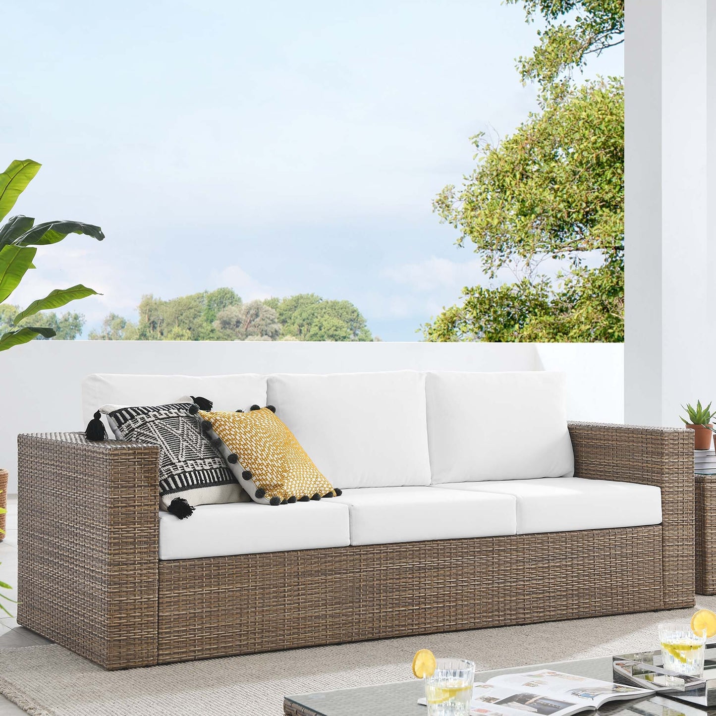 Convene Outdoor Patio Wicker Rattan Sofa in Cappuccino White by Modway Sofa Modway 