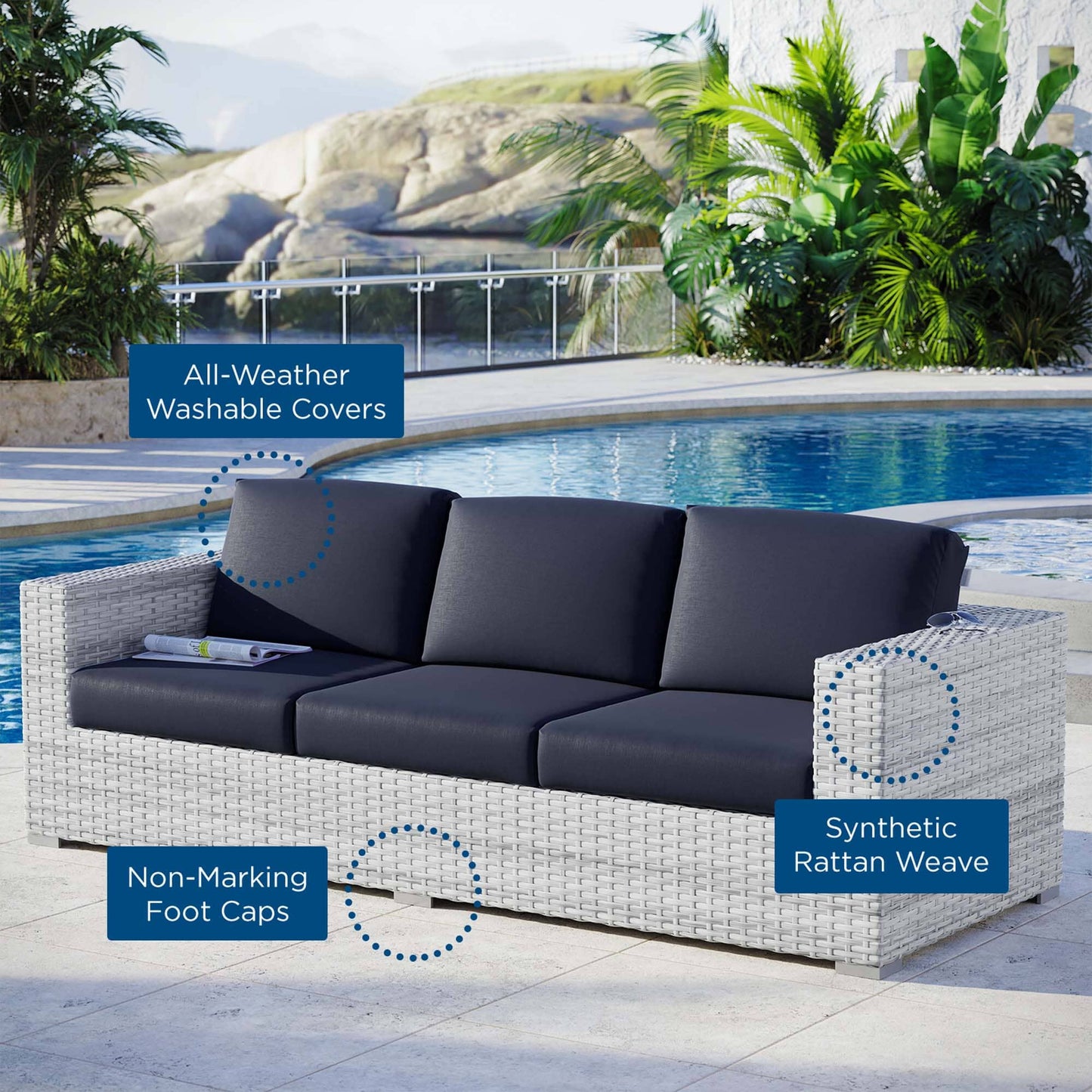 Convene Outdoor Patio Wicker Rattan Sofa (Light Gray Navy) by Modway Sofa Modway 