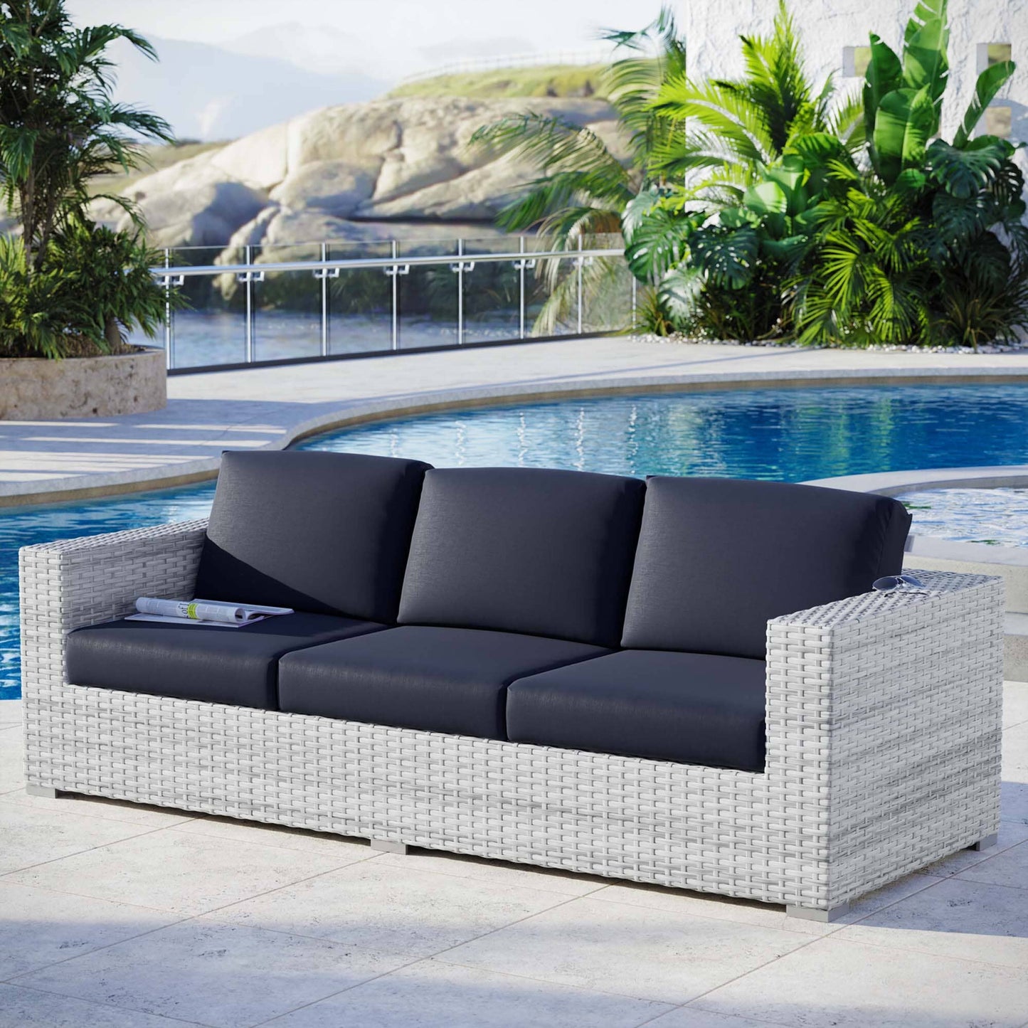 Convene Outdoor Patio Wicker Rattan Sofa (Light Gray Navy) by Modway Sofa Modway 