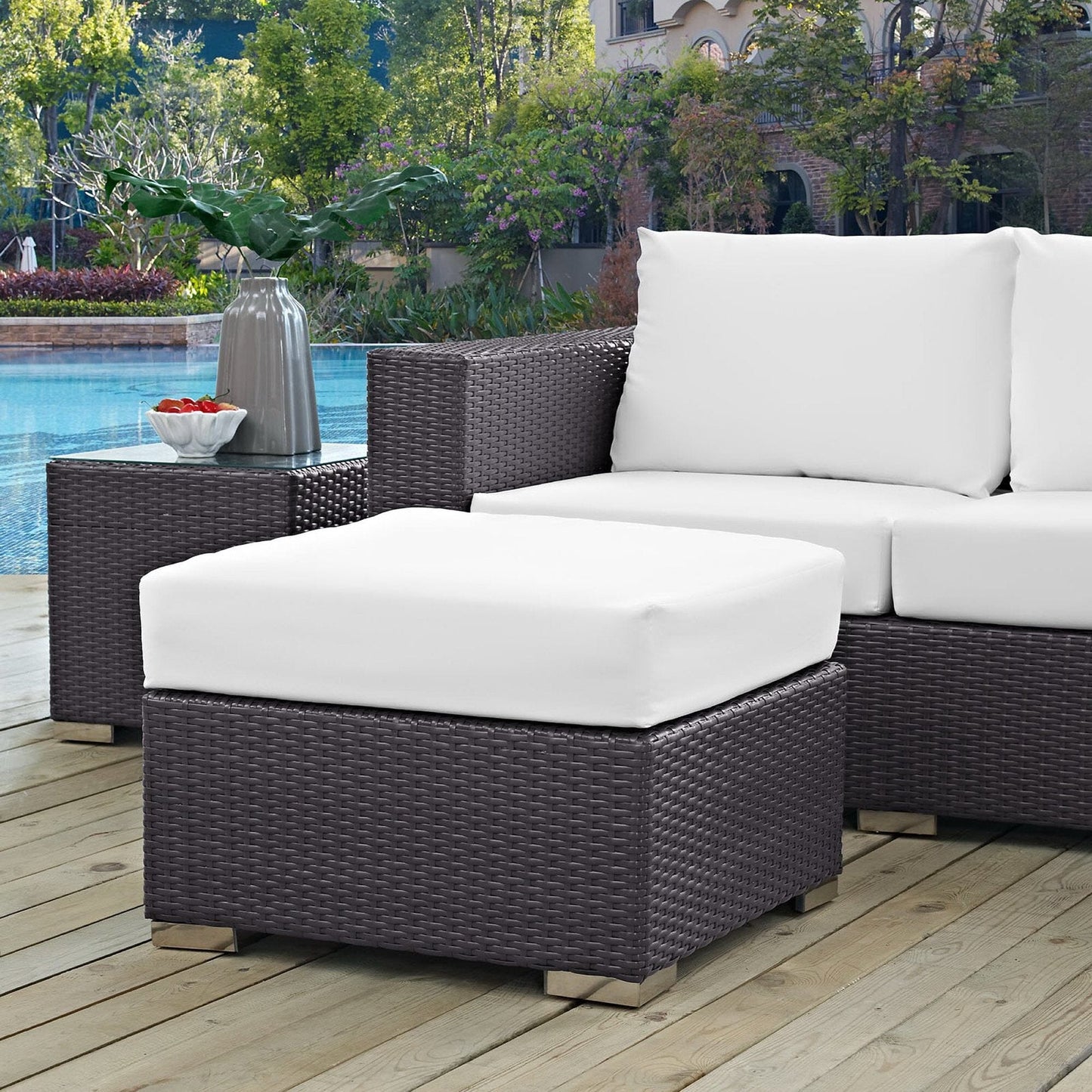 Convene Outdoor Patio Wicker Rattan Square Ottoman (Espresso / White) by Modway Ottoman Modway 