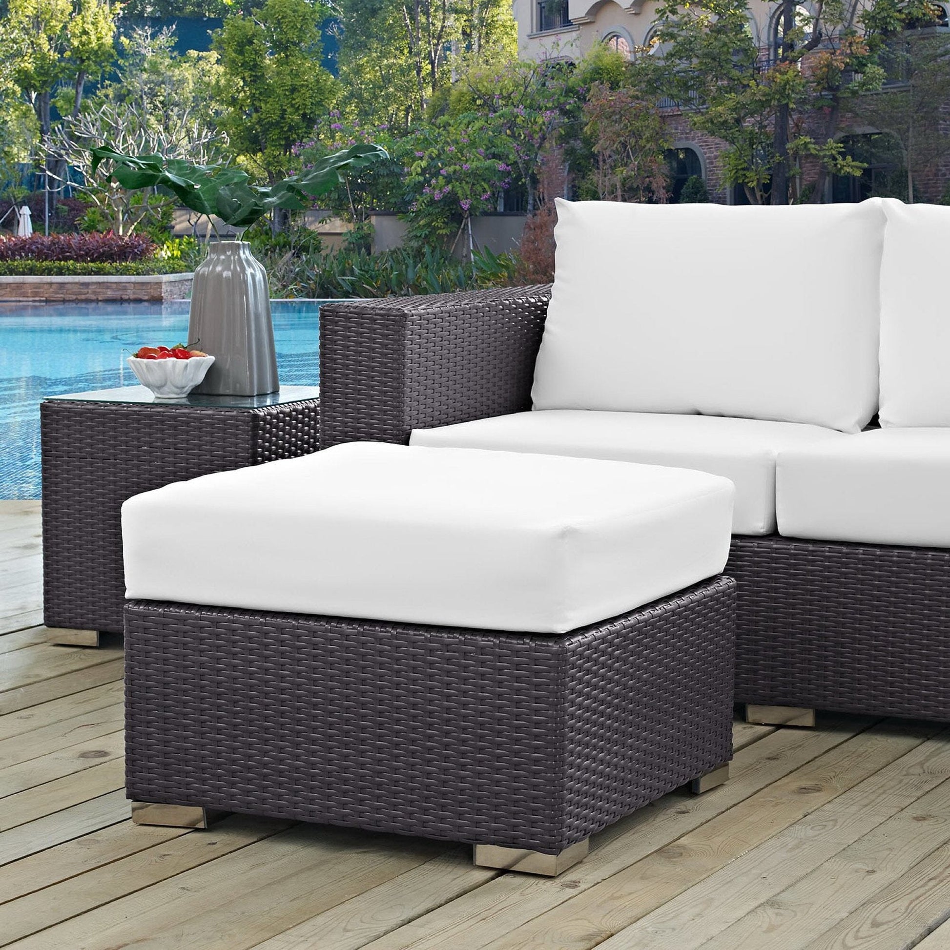 Convene Outdoor Patio Wicker Rattan Square Ottoman (Espresso / White) by Modway Outdoor Patio Ottoman Modway 