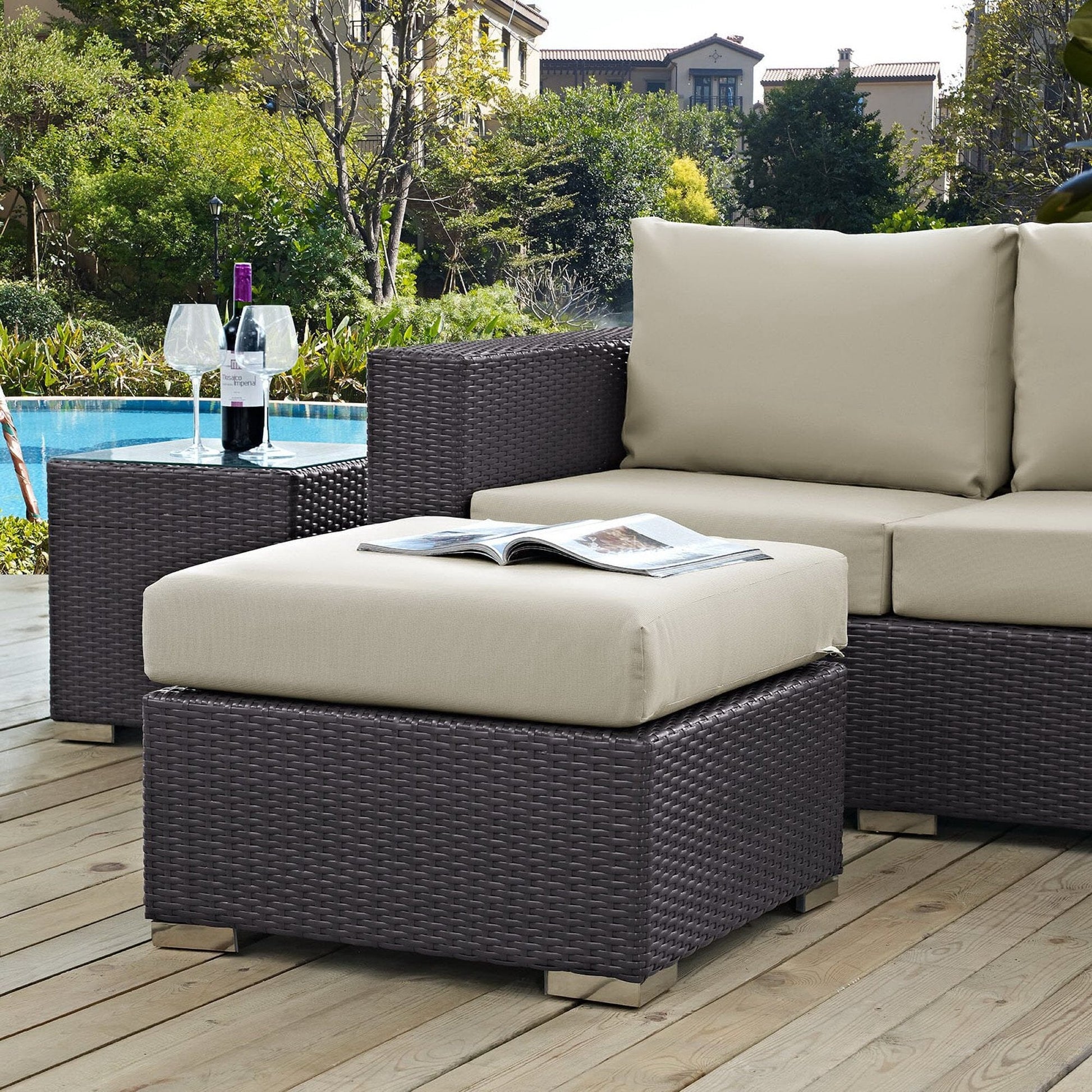Convene Outdoor Patio Wicker Rattan Square Ottoman in Espresso Beige by Modway Ottoman Modway 