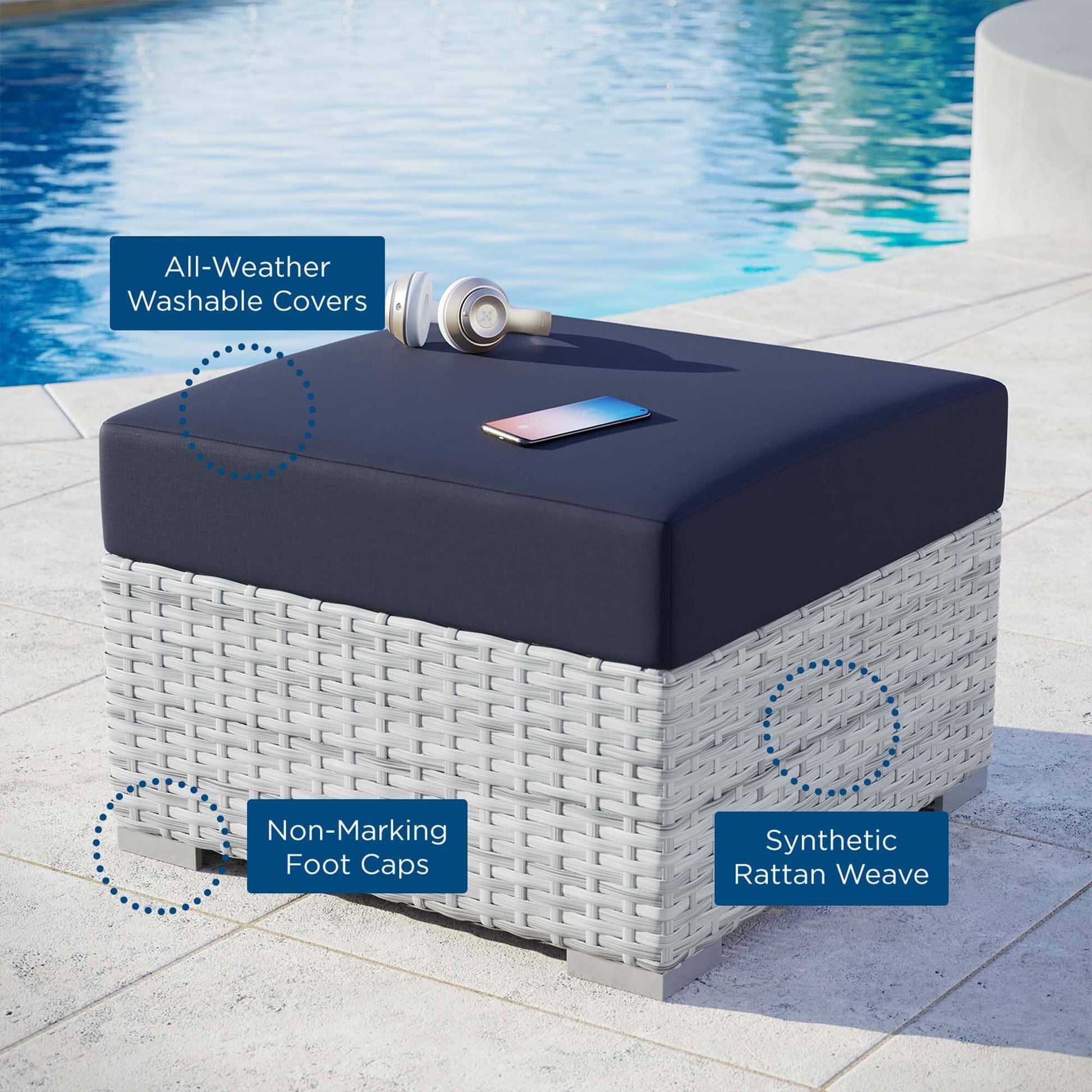 Convene Outdoor Patio Wicker Rattan Square Ottoman in Light Gray Navy by Modway Ottoman Modway 