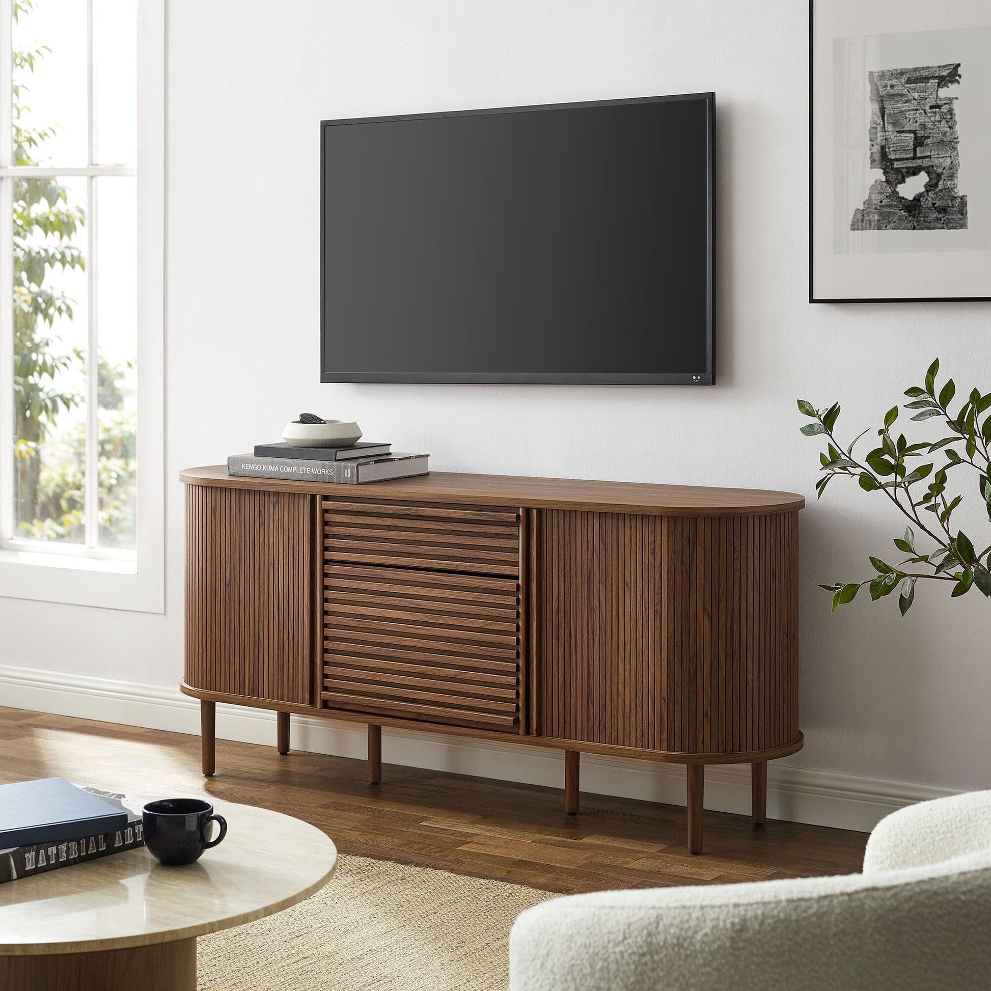 Harlan 67 Inch Fluted Oval Sideboard Cabinet (Walnut) by Modway Console Table Modway 