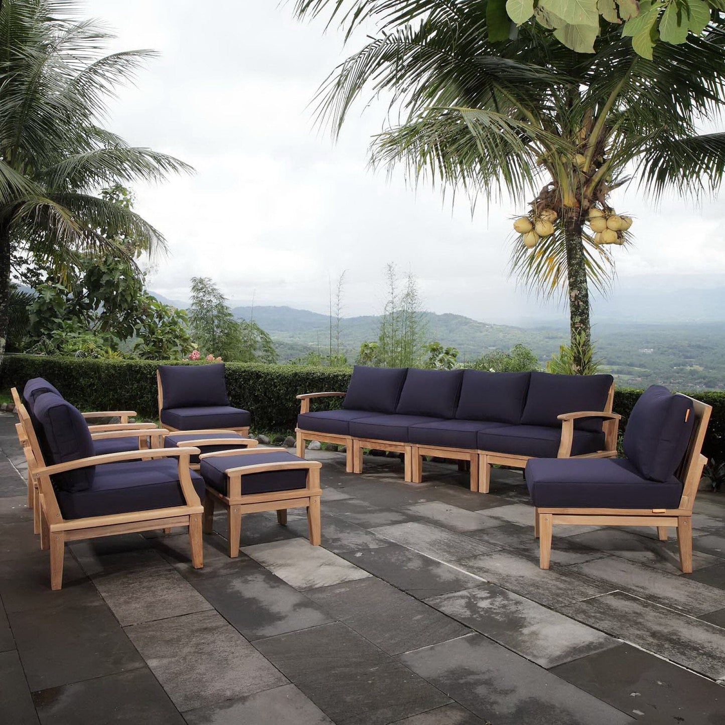 Marina 10 Piece Outdoor Patio Teak Set in Natural Navy by Modway Conversation Set Modway 