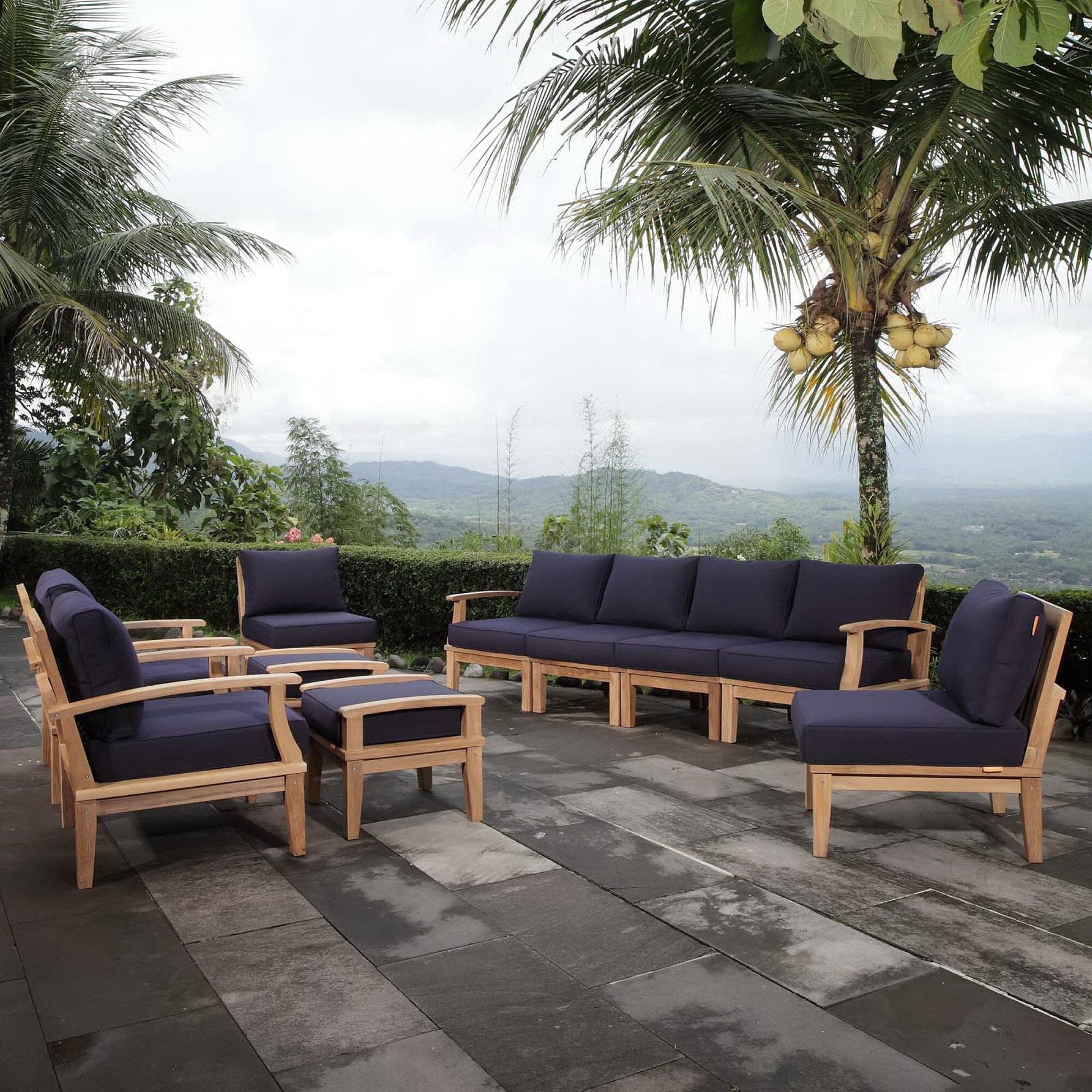 Marina 10 Piece Outdoor Patio Teak Set in Natural Navy by Modway Conversation Set Modway 