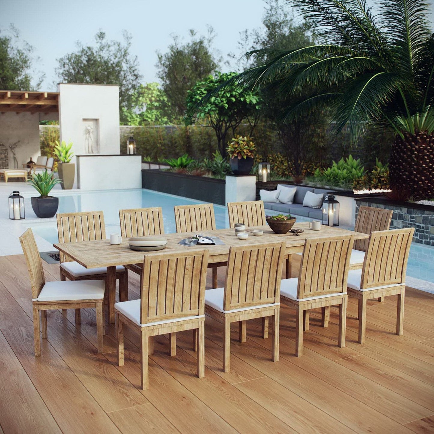 Marina 11 Piece Outdoor Patio Teak Dining Set in Natural White by Modway Dining Set Modway 