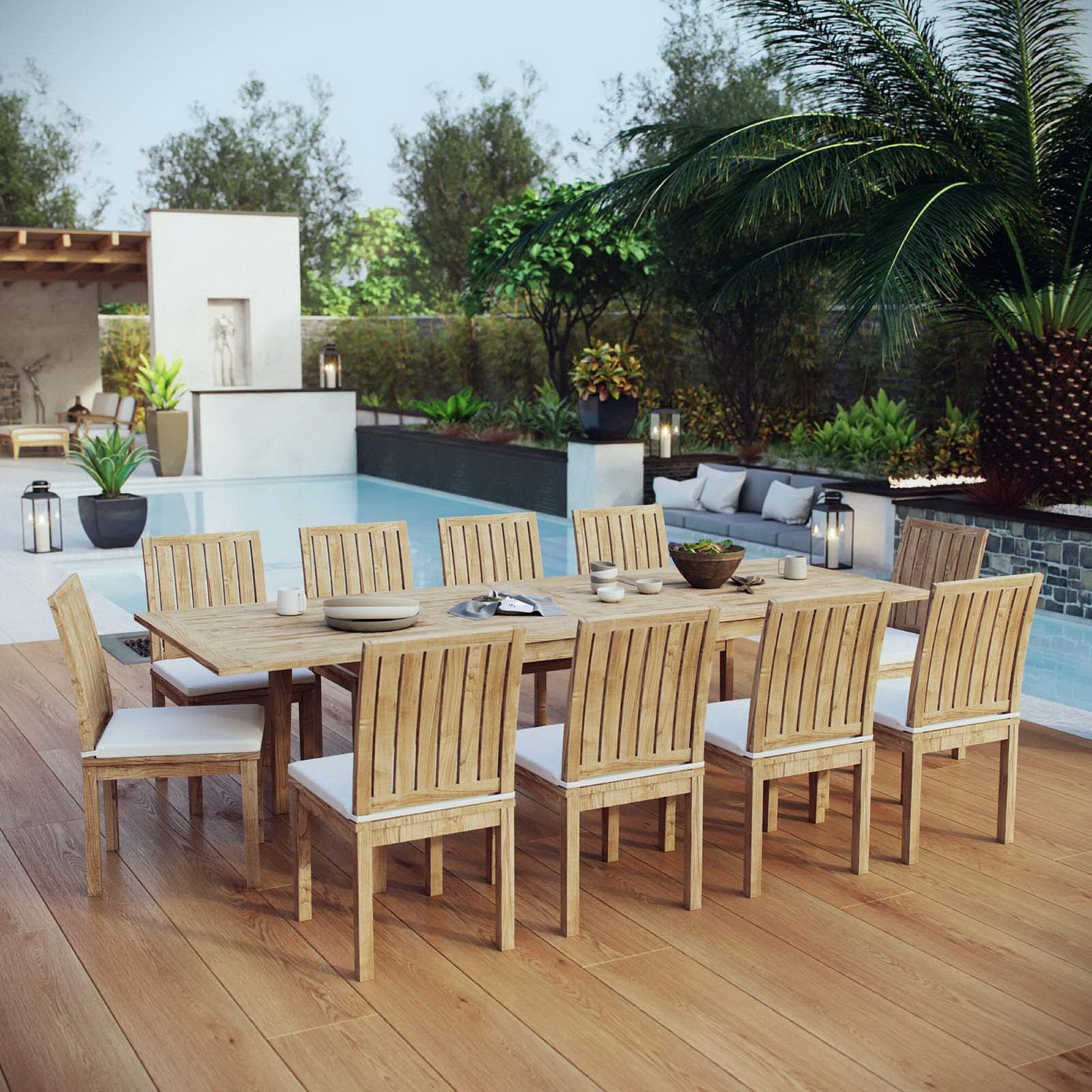 Marina 11 Piece Outdoor Patio Teak Dining Set in Natural White by Modway Dining Set Modway 
